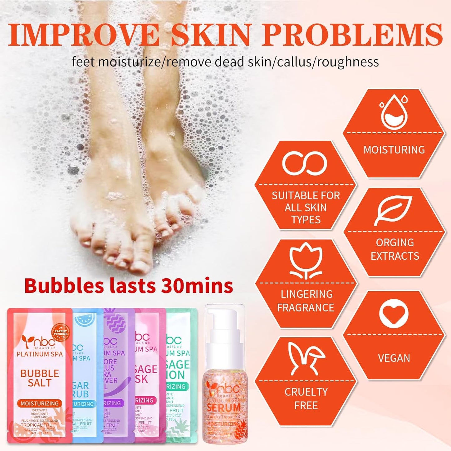 Pedicure Foot Soak Set - Upgraded 6 in 1 Foot Spa, Foot Bath Spa, Pedicure Kit, Foot Soak for Tired & Dry Cracked Feet, Athletes Feet, Bad Odor, Softens Calluses (Tropical fruit)