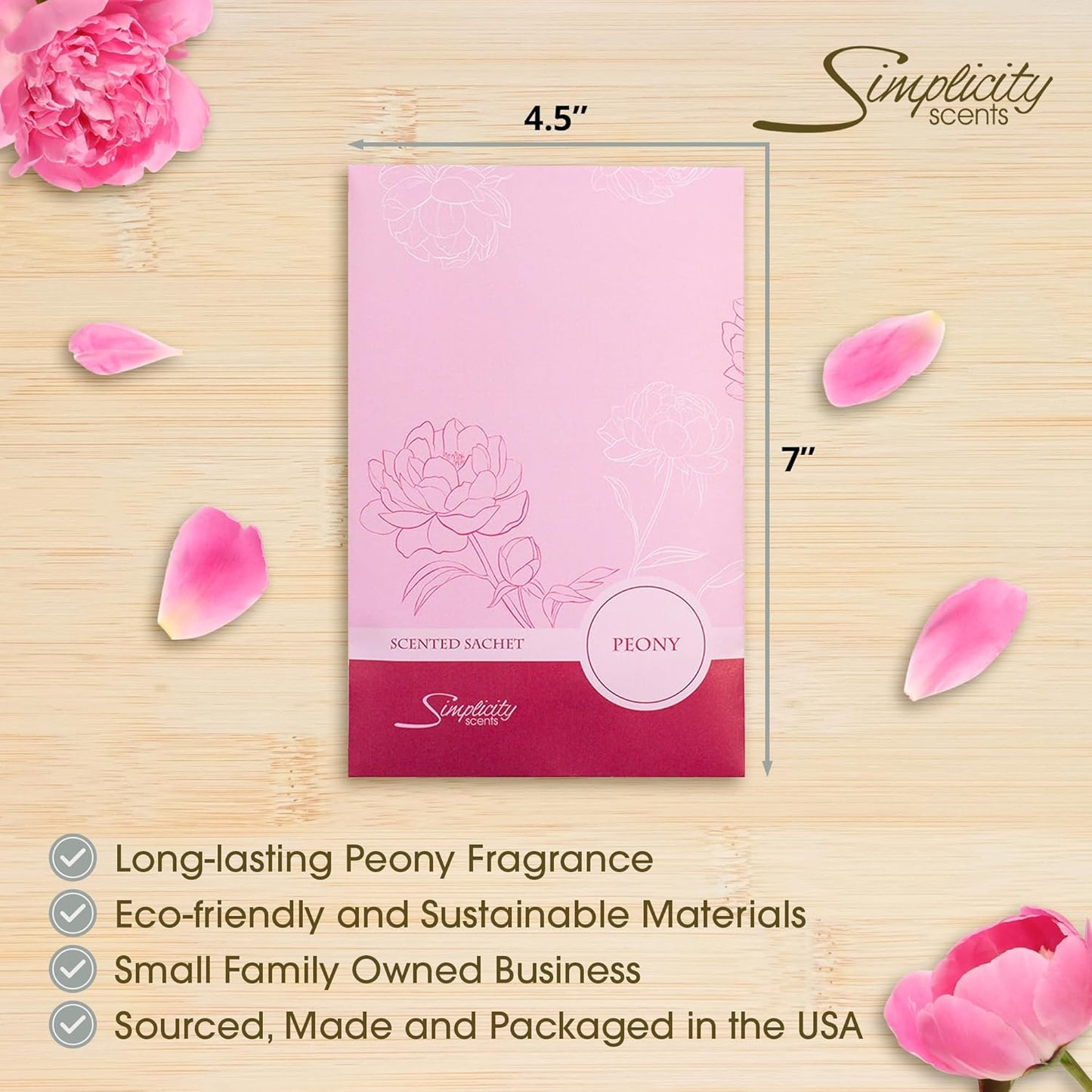 Peony Scented Sachets Pack of 6, Spring and Summer - Long-Lasting Scented Bags, Home Fragrance, Air Freshener & Deodorizer for Closet, Room, Drawer, or Cars, Made in USA