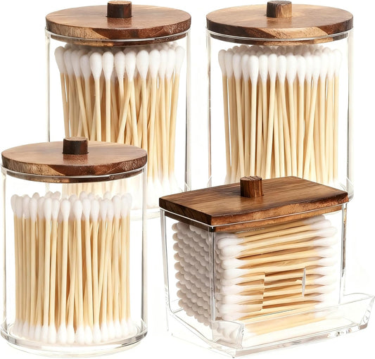 AXX Qtip Dispenser Apothecary Jars Bathroom - Qtip Holder Storage Canister Clear Plastic Jar for Cotton Swab,Q-Tips,Cotton Rounds (E#Brown 4Pcs)