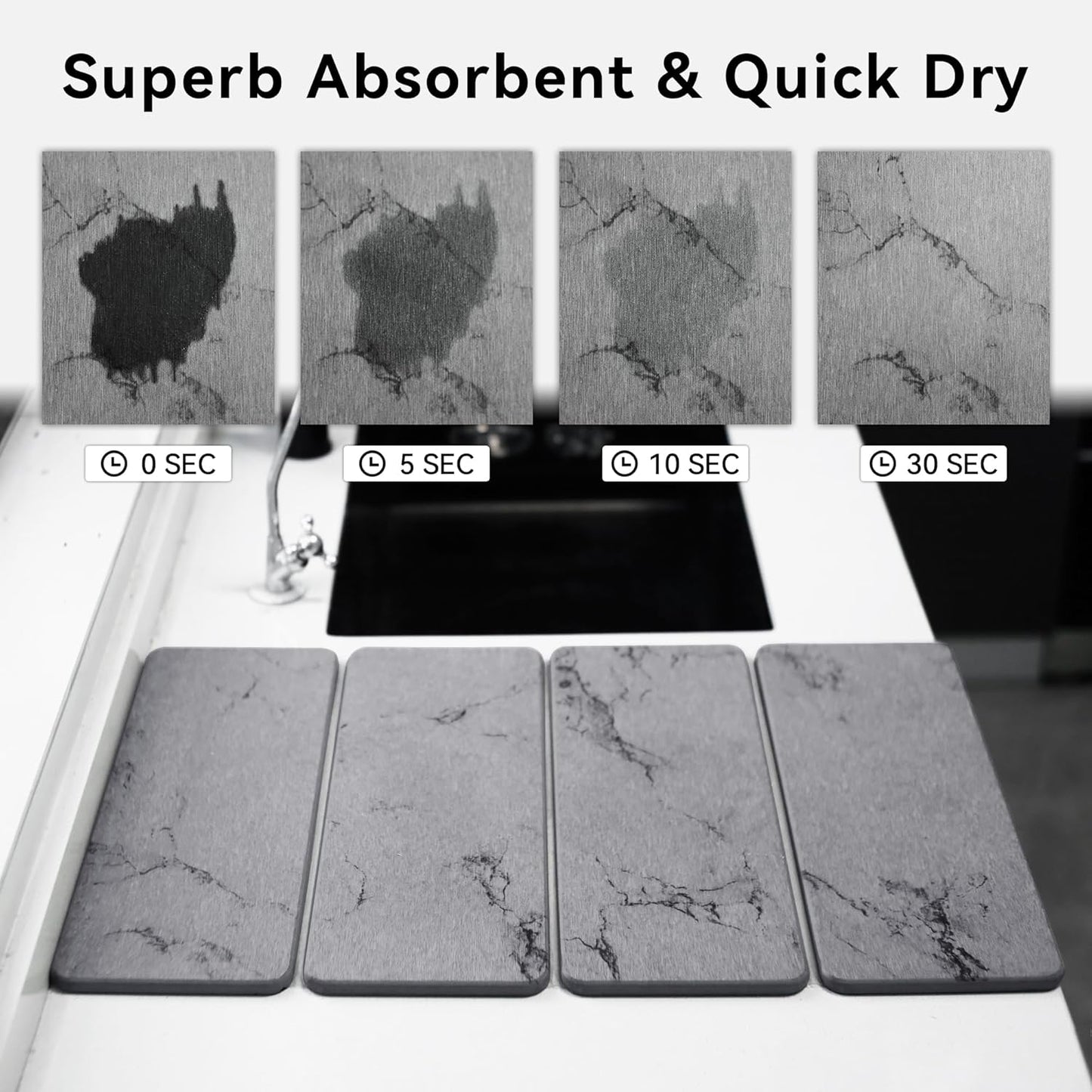 Large Stone Dish Drying Mat, Foldable Stone Drying Mat, 24" x 16" Diatomaceous Earth Drying Mat for Kitchen Counter, Super Absorbent Fast Dry Mat, Drying Board Diatomaceous for Kitchen, Marble Gray