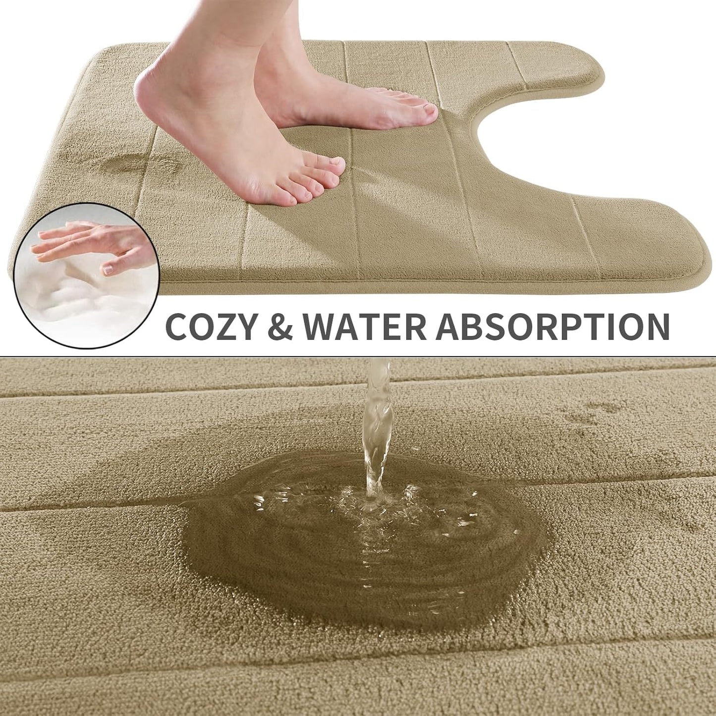 Yimobra Memory Foam Toilet Bath Mat U-Shaped, Soft and Comfortable, Super Water Absorbent, Non-Slip, Machine Wash and Easy to Dry for Bathroom Commode Contour Rug, 24 X 24 Inches, Pale Khaki