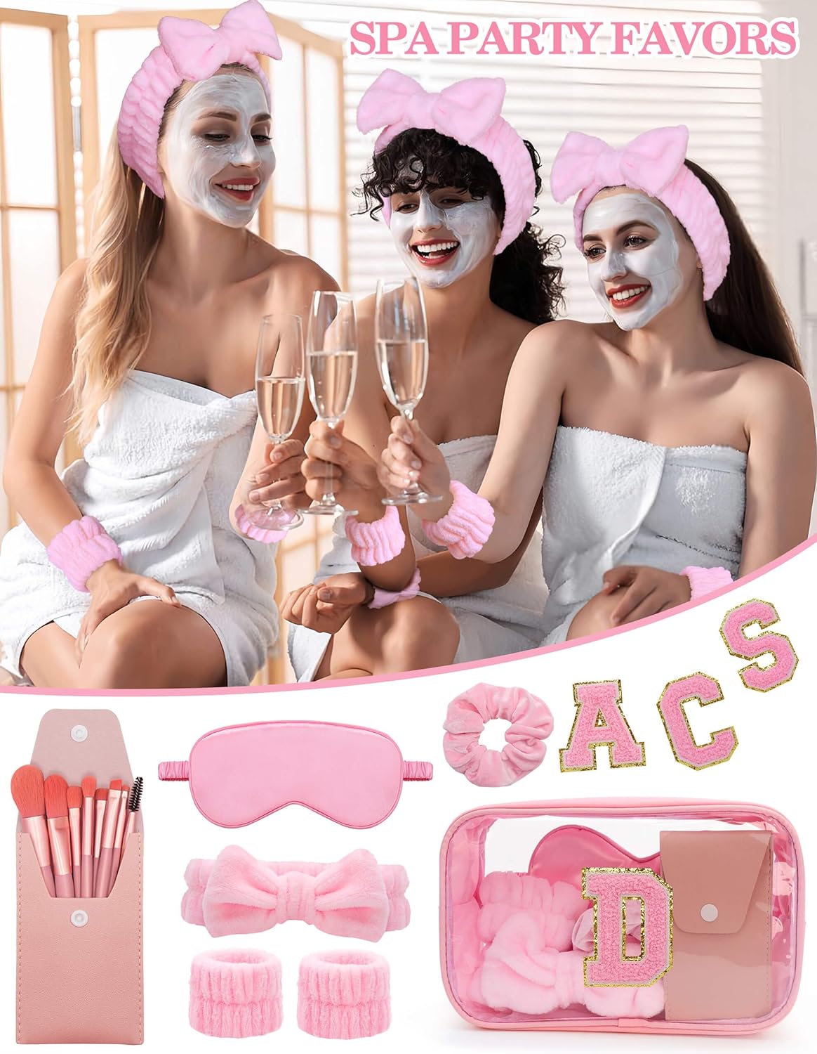 Gift Sets for Women, Initial Makeup Bag with Makeup Brush Set Bachelorette Party Favors, Pink Spa Kit with Skincare Headbands Wrist Bands Sleepover Party Supplies Gifts for Teen Girls Bridesmaid D