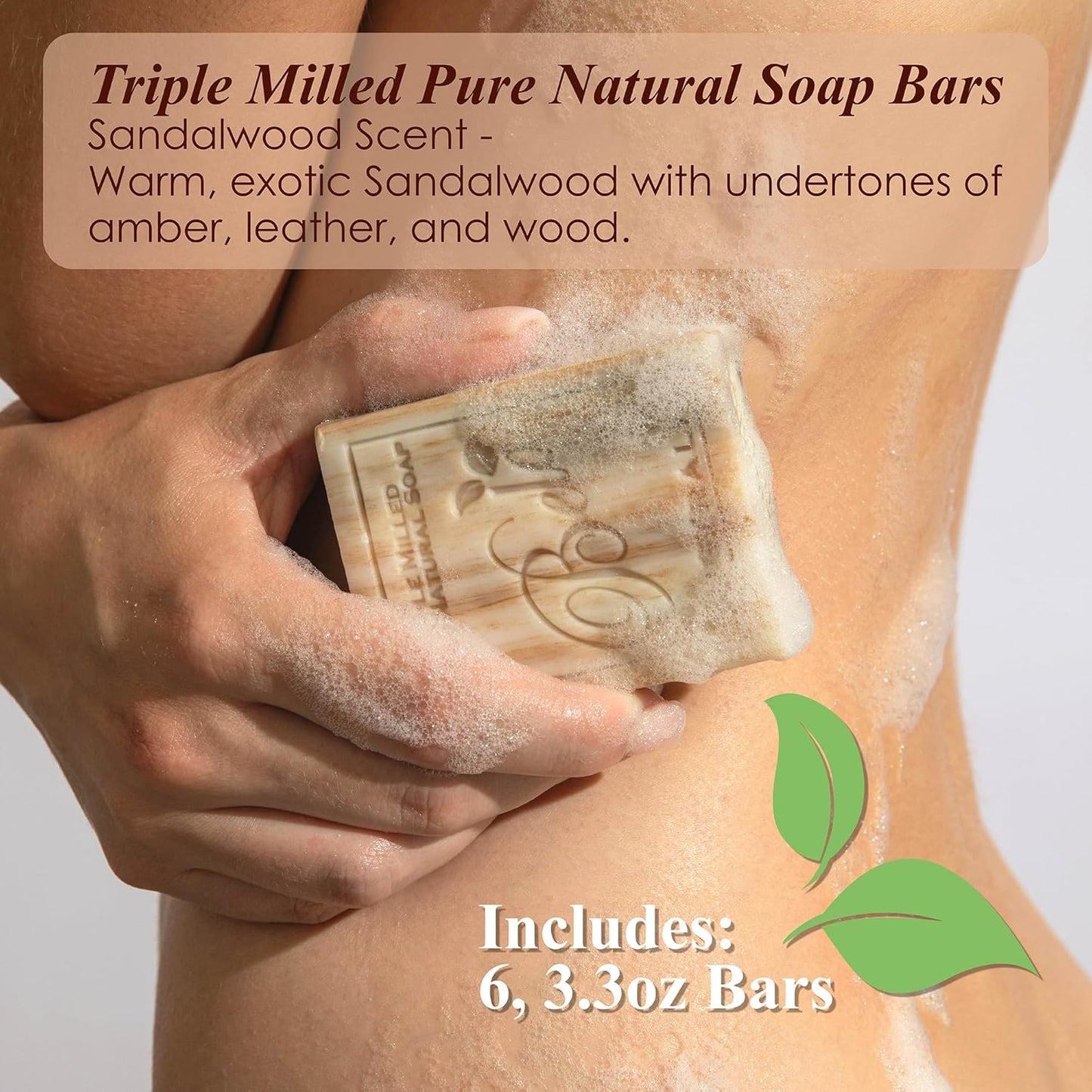 BELA Sandalwood Soap 3.3 OZ, Pack of 6 French Triple Milled Bar Soap with Organic Shea Butter, Hand, Face and Body Wash Bar, Made in Australia