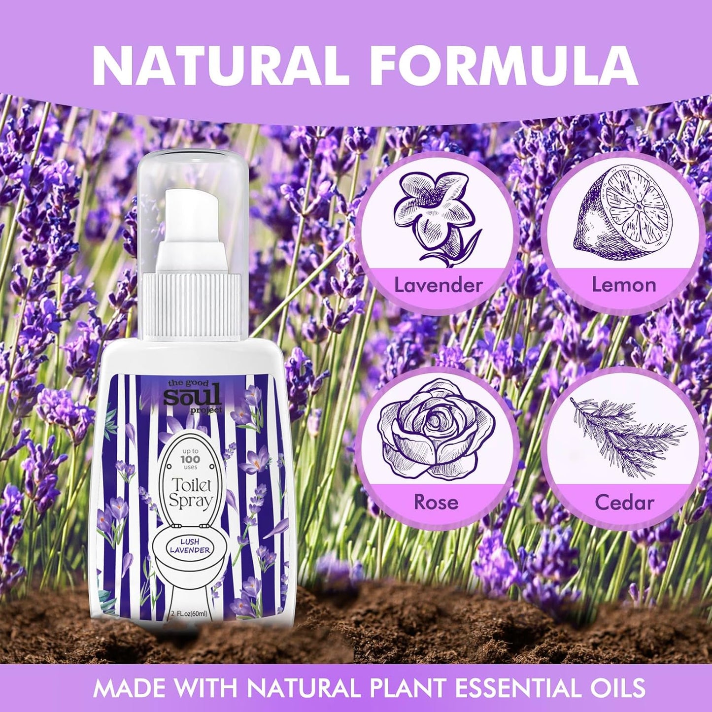 Toilet Spray 2Oz, Lavender Scent, Bathroom Deodorizer, Travel Size Air Fresheners, 2 Pack