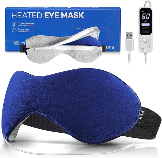 Ezona Heated Eye Mask, Warm Eye Compress Mask for Dry Eyes, USB Electric Eye Heating Pad with Temperature & Timer Control, Dry Eye Mask for Blepharitis, Sinus Migraine (Indigo)