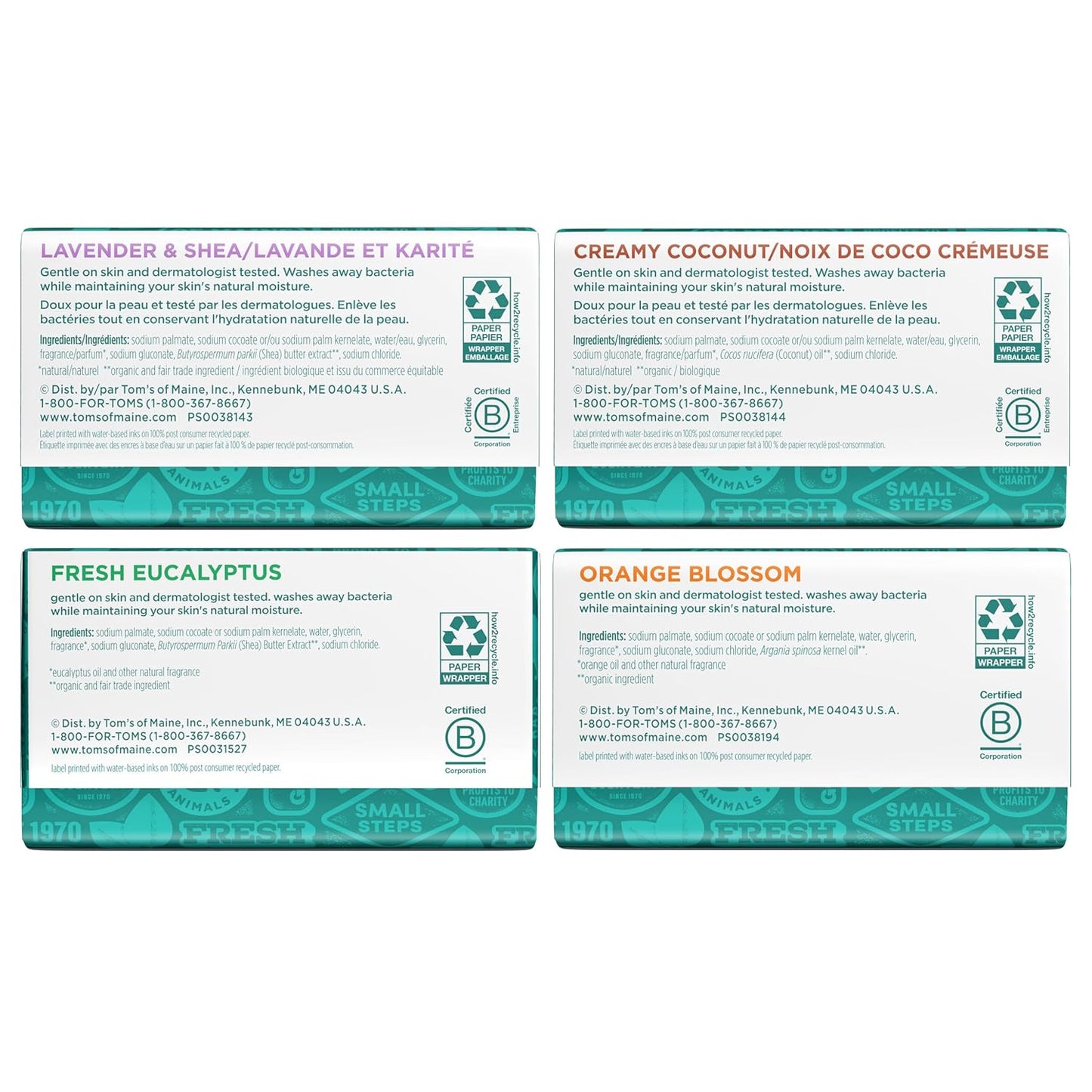 Tom's of Maine Bar Soap Variety Pack, Natural Bar Soap for Women and Men, Lavender & Shea, Fresh Eucalyptus, Creamy Coconut, Orange Blossom, 5 oz Bars (4-Pack)