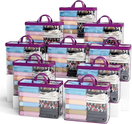 10PACK Clear Zippered Storage Bags for Clothes, 22L Clear Storage Bag, and Blanket Storage Bags for Bedding, Linen, Blankets, Comforters, Clothing & Toys (Purple)