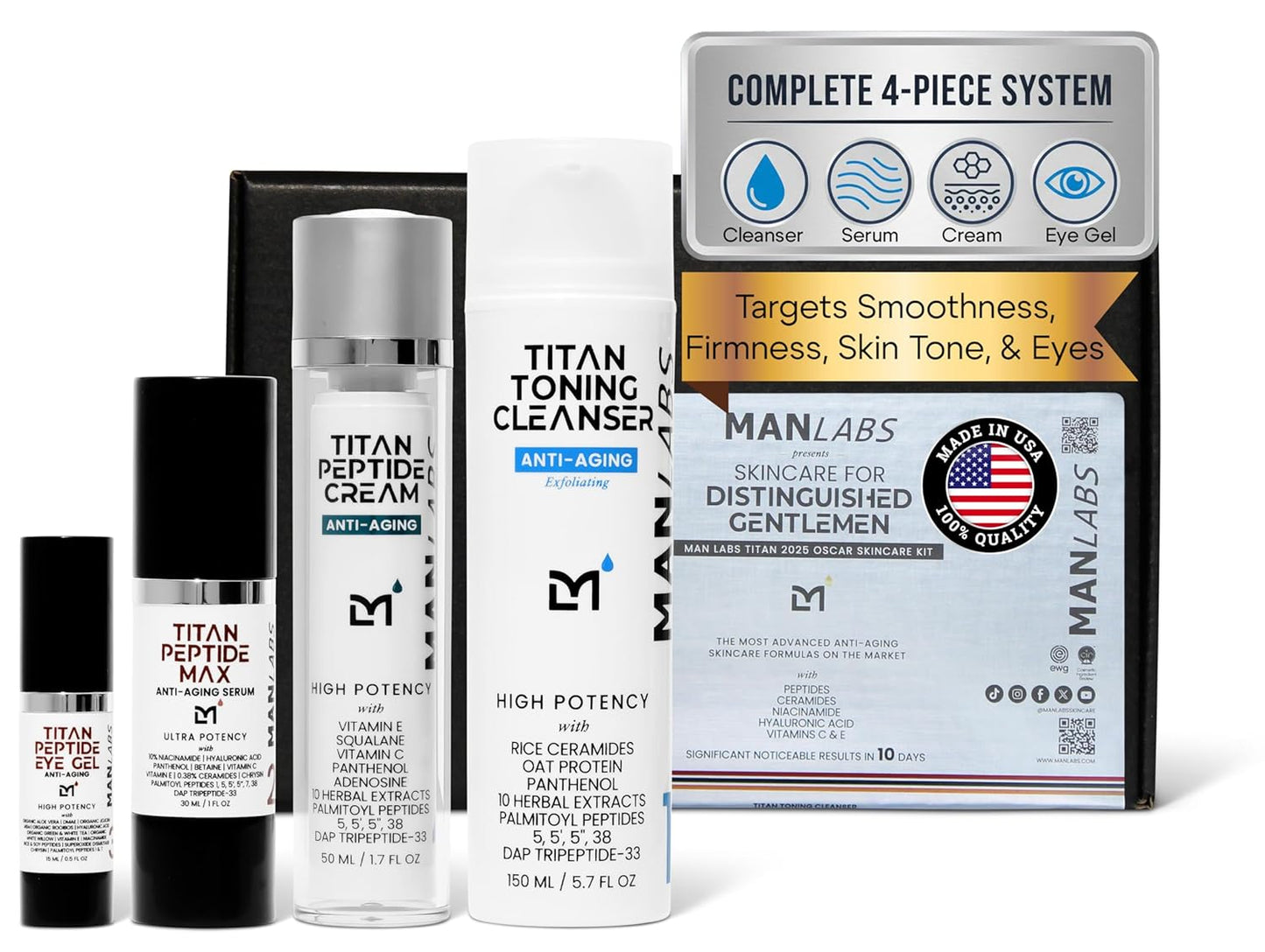 Titan Oscar Anti-Aging Mens Skin Care Kit – Wash, Face Serum, Eye Cream, Mens Face Moisturizer – Men, Skin Care Set – Dark Circles, Wrinkles, Fine Lines – Vitamin C, Peptides, Niacinamide, HA