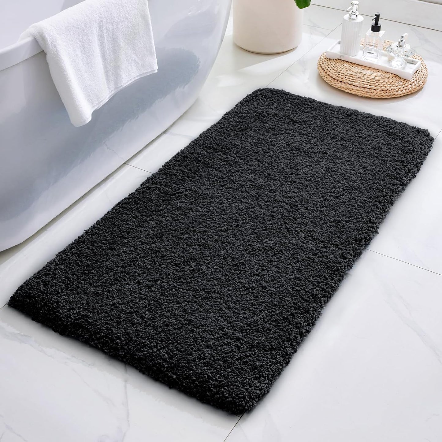 ILANGO Black Bathroom Rugs 48" × 24" Non Slip & Super Absorbent Extra Thick Soft, Washable Bath Mat for Floor, Microfiber Plush Shaggy Bath Rug with Rubber for Bathtub Shower Room Sink
