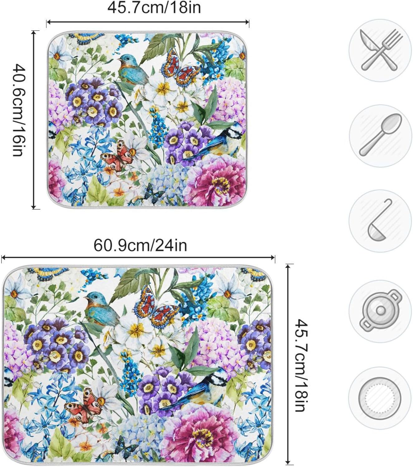 Floral Birds Dish Drying Mat for Kitchen Spring Globe Daisy Butterfly Flowers Microfiber Drying Mats Absorbent Reversible Dish Pad Large Dish Draining Mat 18x24 inch
