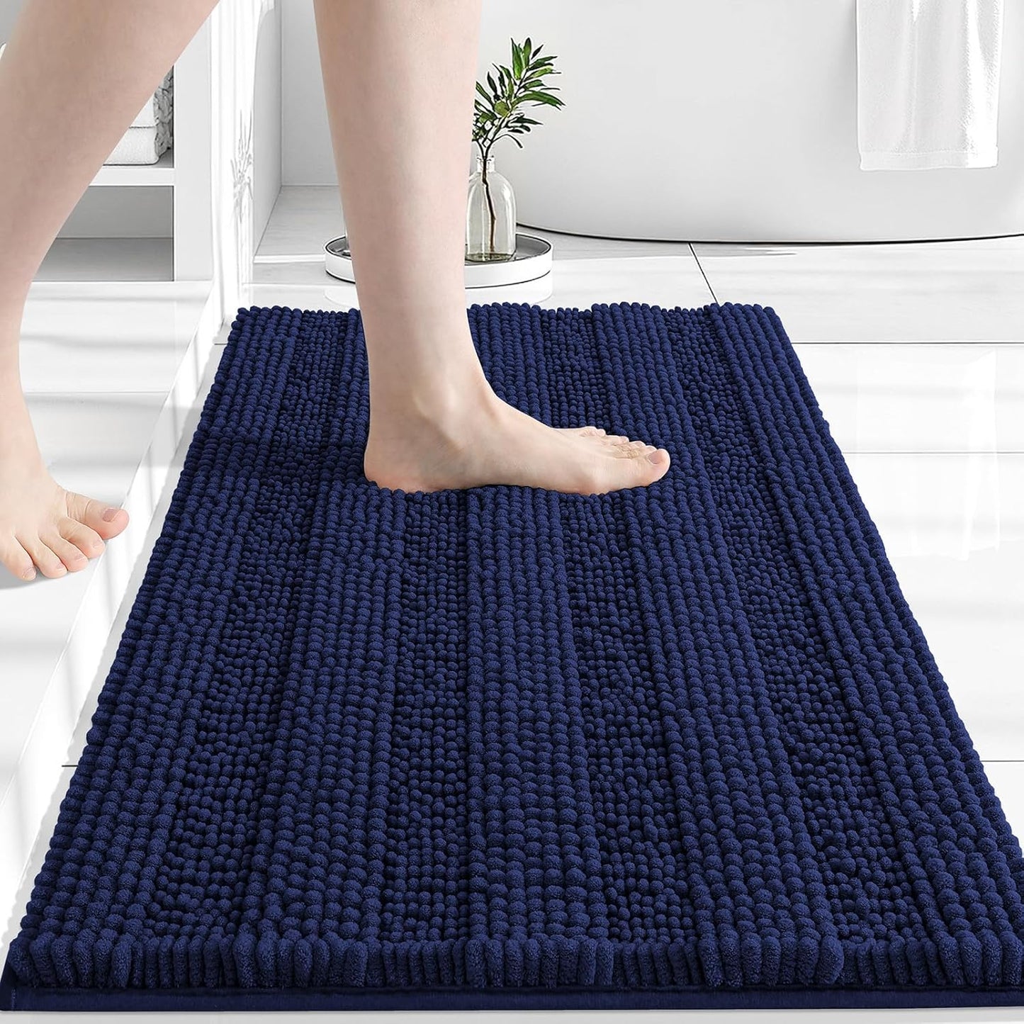 Grandaily Chenille Striped Bathroom Rugs 24x16, Extra Thick and Absorbent Bath Mats, Non-Slip Soft Plush Shaggy Shower Carpet, Machine Wash Dry, Bath Rug for Bathroom, (Small, Navy)