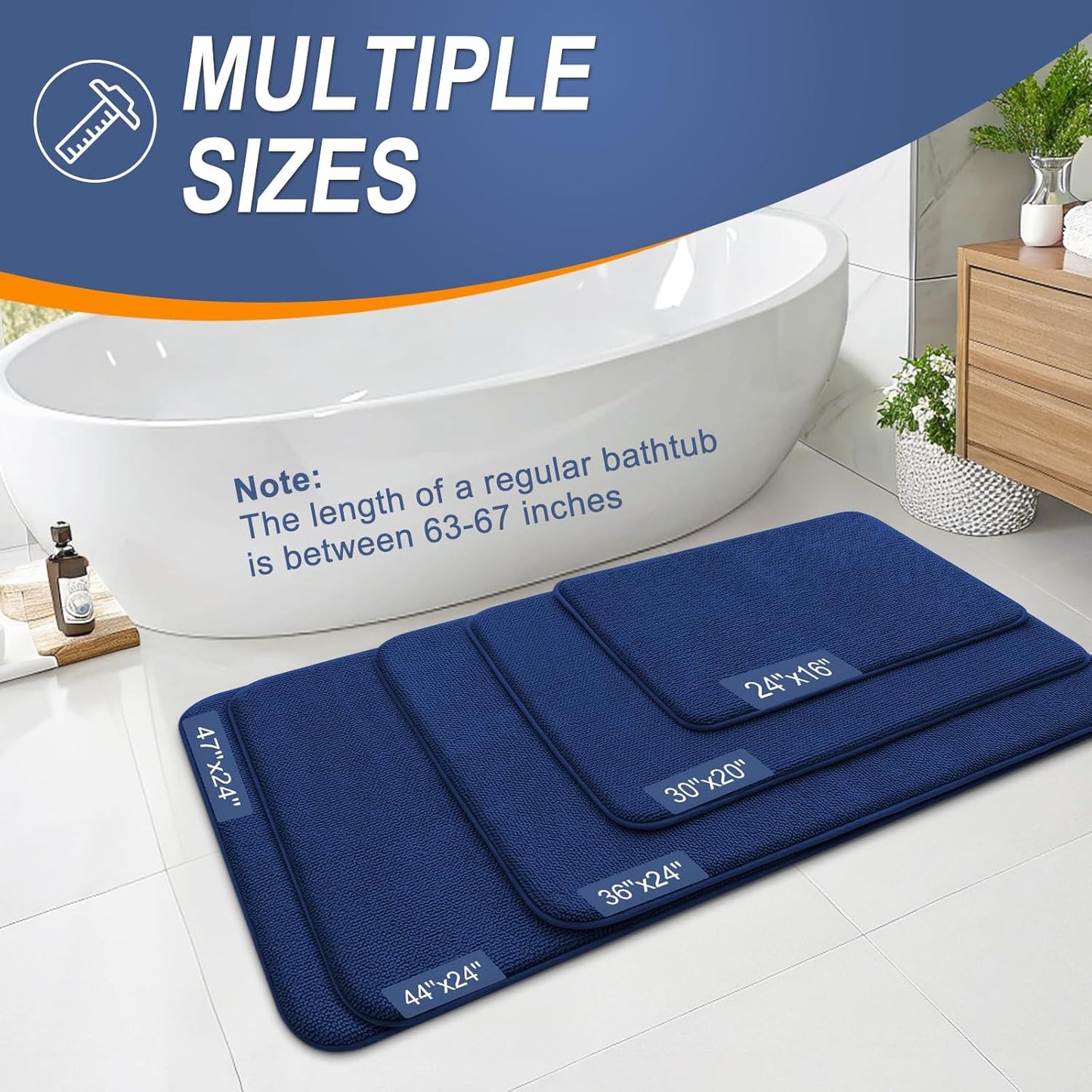 OLANLY Thick Memory Foam Bath Mat Rug 70x24, Extra Soft Absorbent Bathroom Rug, Quick Dry Bath Mats, Non-Slip, Machine Washable Carpet for Bathroom, Tub and Shower, Home Decor Accessories, Navy