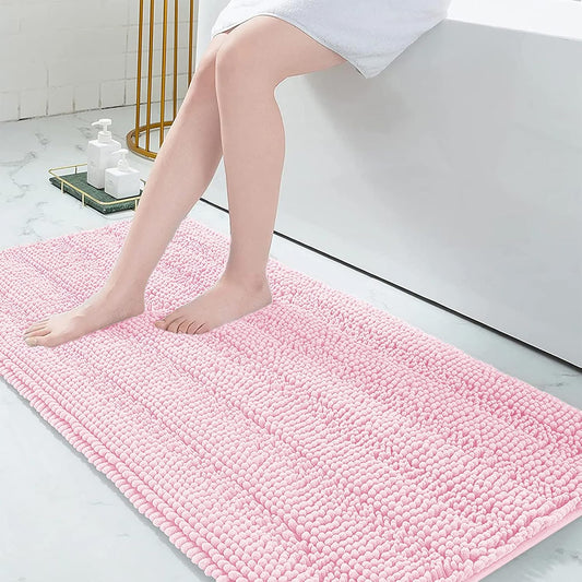 Grandaily Chenille Striped Bathroom Rugs 59x24, Extra Thick and Absorbent Bath Mats, Non-Slip Soft Plush Shaggy Shower Carpet, Machine Wash Dry, Bath Rug for Bathroom, Pink