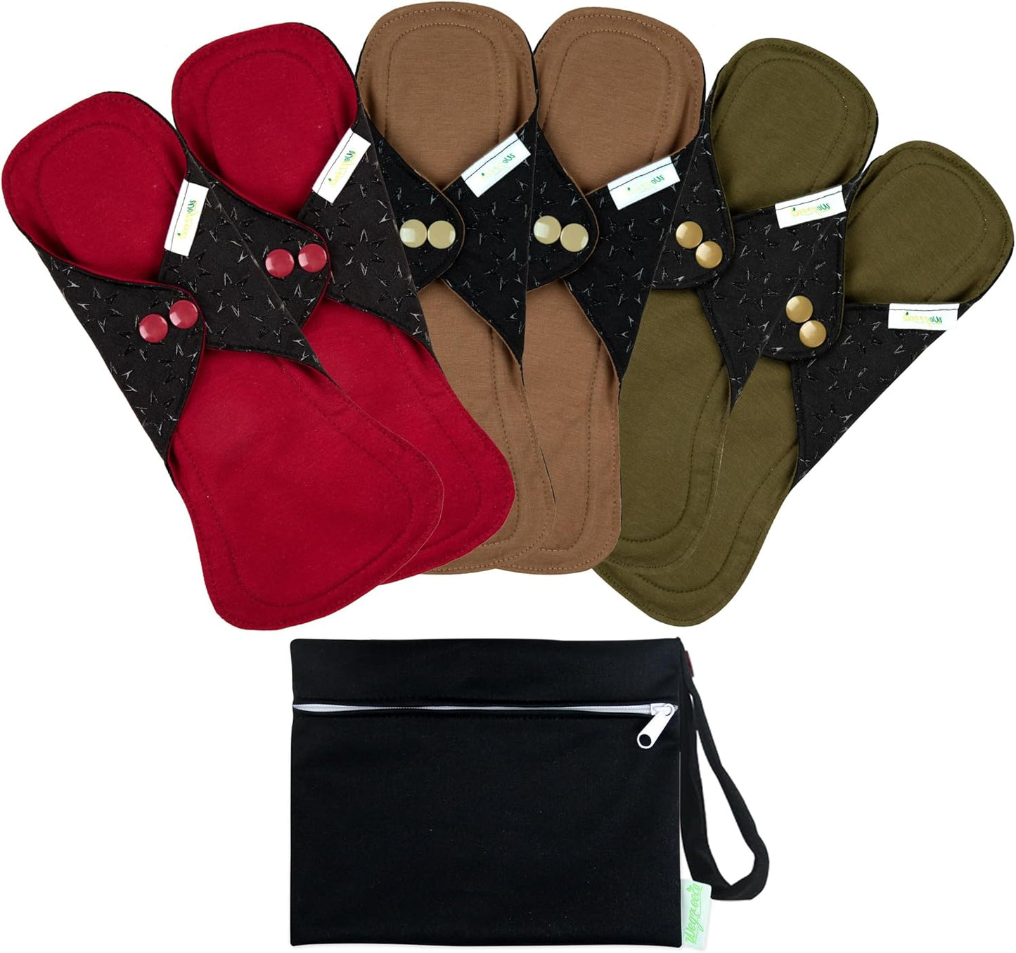 wegreeco 6 Pcs Reusable Menstrual Pads, Ultra Absorbent Cloth Pads for Heavy Flow, Sanitary for Teens, Women, Nonslip Panty Liners + Bag (Aqua, Burgundy, Coffee, S)