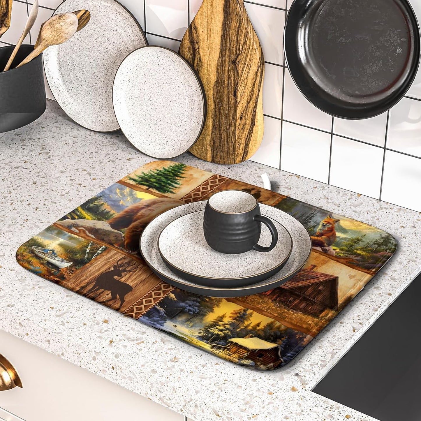 Bear Deer Fox Dish Drying Mat Rustic Cabin Lodge Dish Drainer Mats 16x18 Inch Absorbent Washable Dishes Rack Pad for Sink Kitchen Counter