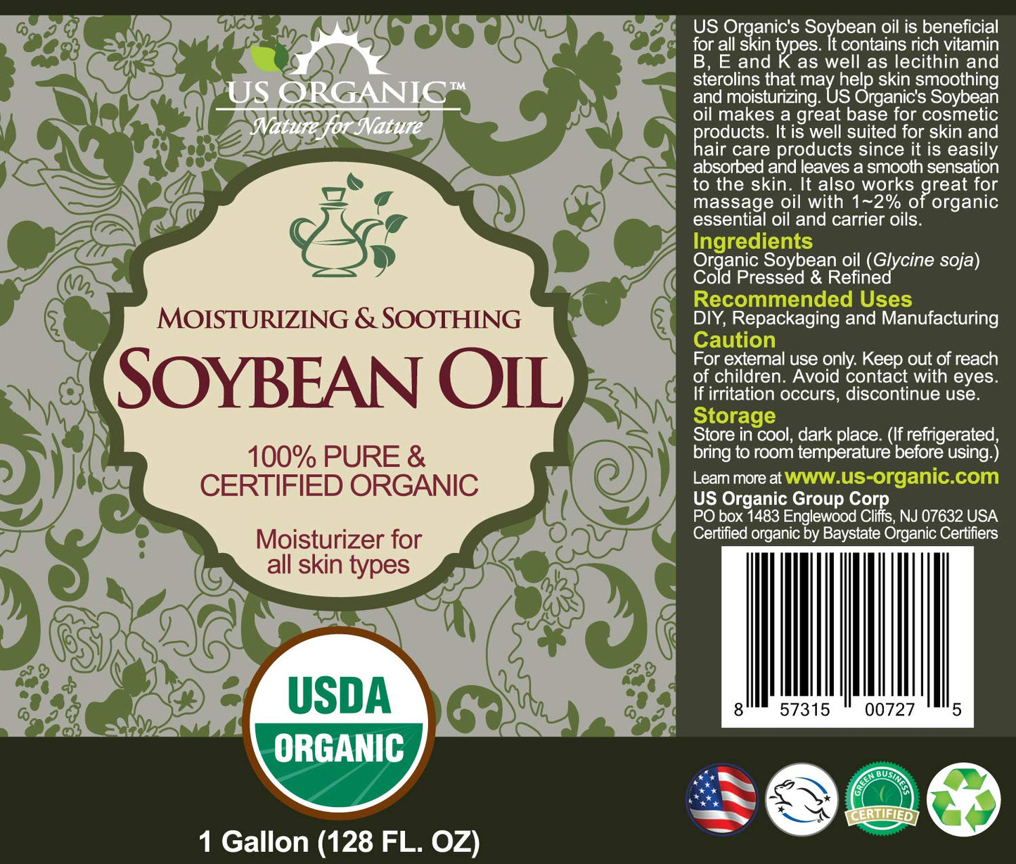 US Organic Soybean Oil bulk pack, USDA Certified Organic,100% Pure & Natural, Cold Pressed, Non GMO, Size for DIY and small manufacturers (128 oz (1 Gallon))