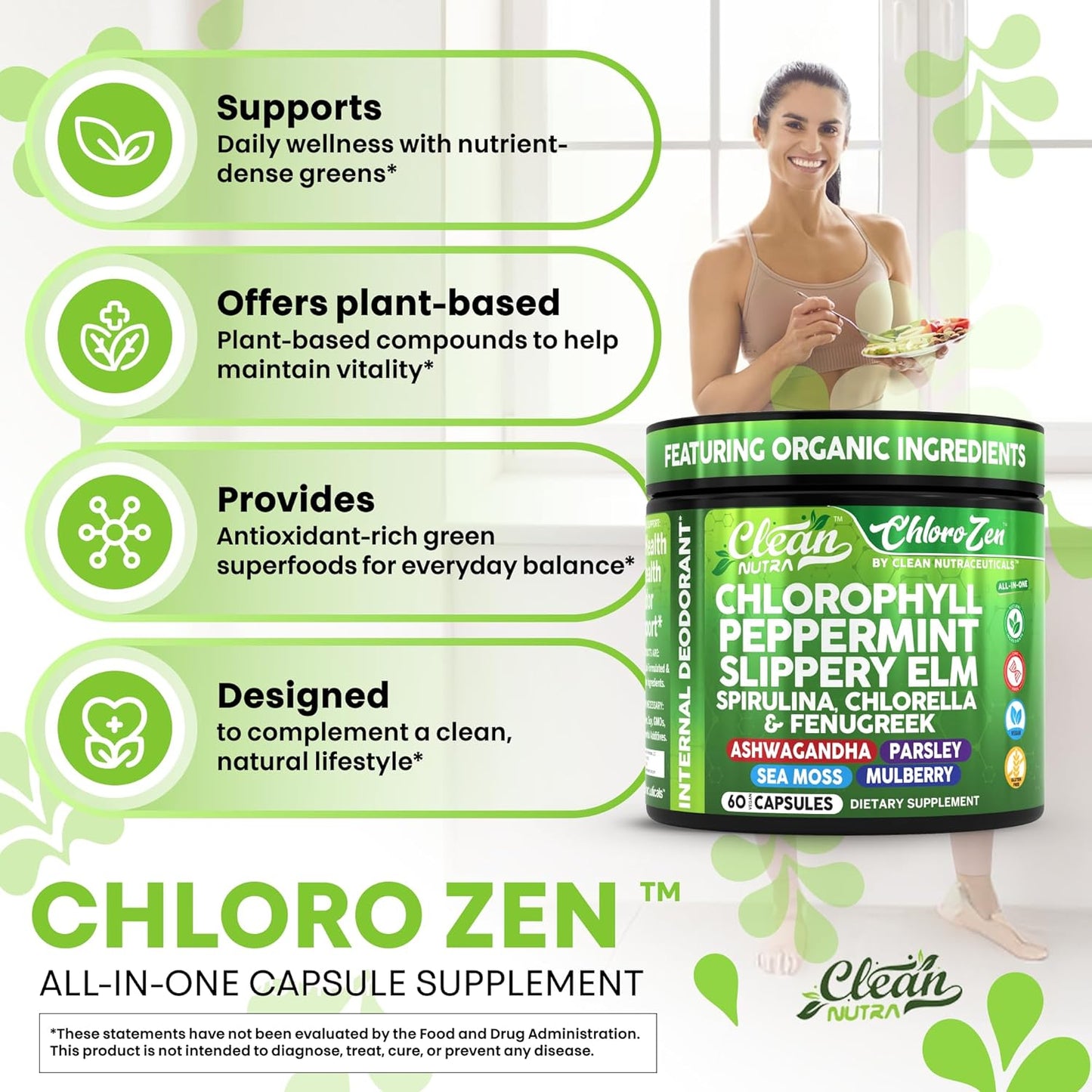 Clean Nutra Chlorophyll Peppermint Slippery Elm Spirulina Chlorella Fenugreek Ashwagandha Sea Moss Supplement – Ph Balance for Women Detox Internal Deodorant Supplements + Prebiotics 60 Vegan Capsules