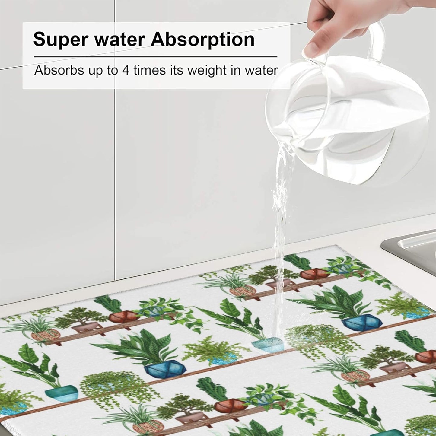 Green Plant Dish Drying Mat for Kitchen Counter Cute Dish Drainer Rack Mats 16"x18" Absorbent Reversible Drying Pad