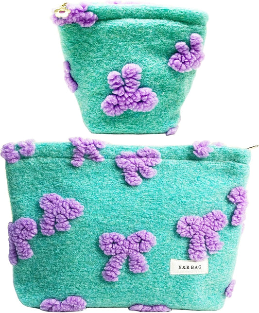 2 Pcs Makeup Bags, Large Cosmetic Bag Travel Toiletry Bag Organizer for Women, Plush Makeup Bag Small Cosmetic Pouch Purse with Zipper Gifts for Girls Teen