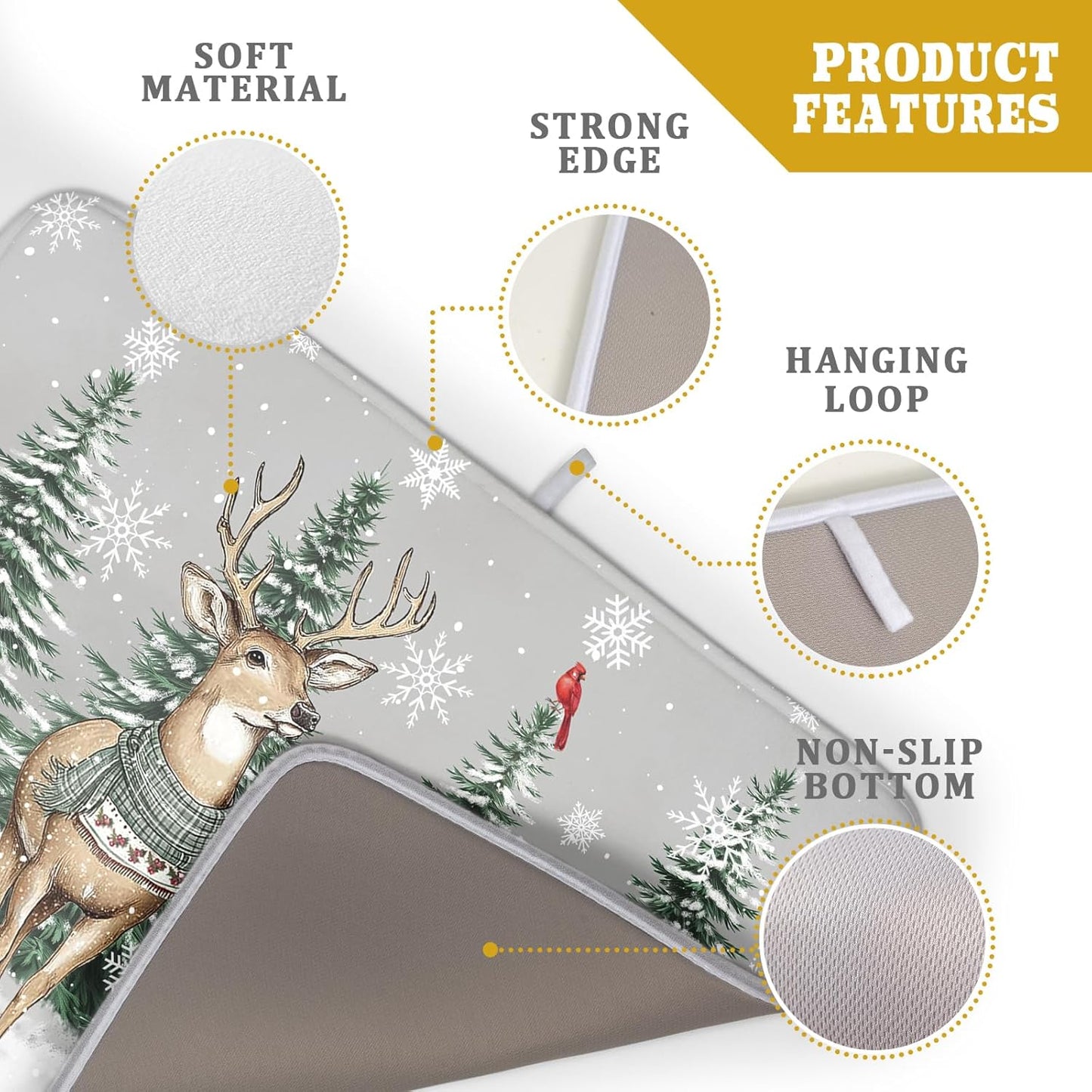 Winter Deer Dish Drying Mat Pine Tree Absorbent Dish Dry Pad Seasonal Microfiber Dish Drainer Mats for Kitchen Counter Coffee Bar 18x24 in