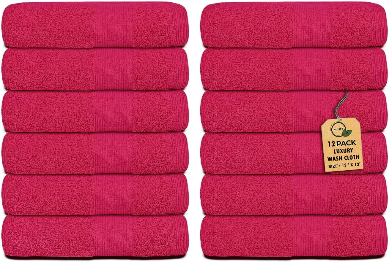 Premium Wash Cloths Pack of 12 (13" x 13") 100% Ring Spun Cotton | Luxury Washcloths | Ultra Soft Face Towels | Highly Absorbent Wash Cloths for face (Raspberry)