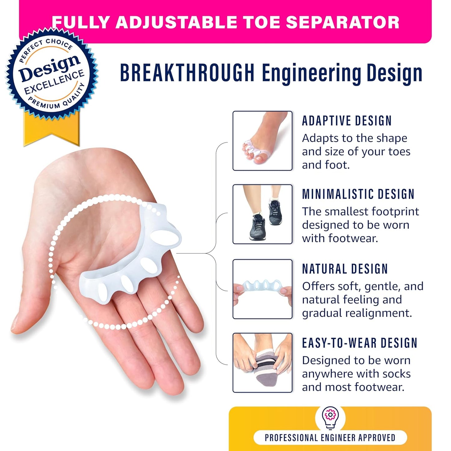 Adjustable Toe Separators-Patent Pending-Highly Effective Toe Straightener for Bunions, Overlapping Toes, Hammertoes, Crooked Toes.