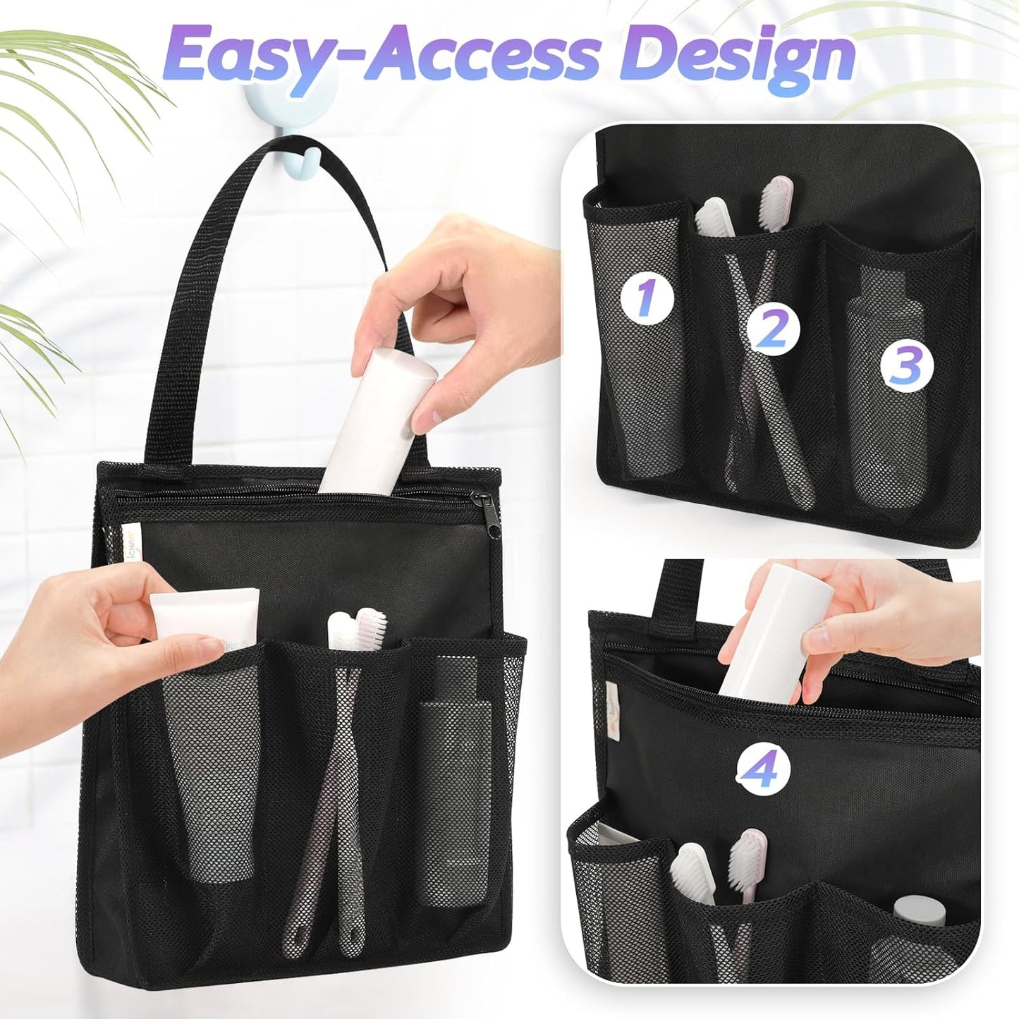 Portable Shower Caddy, Gym Travel Camp Dorm Room Essentials for College Student Boy Girl，Black Bathroom Mesh Shower Bag