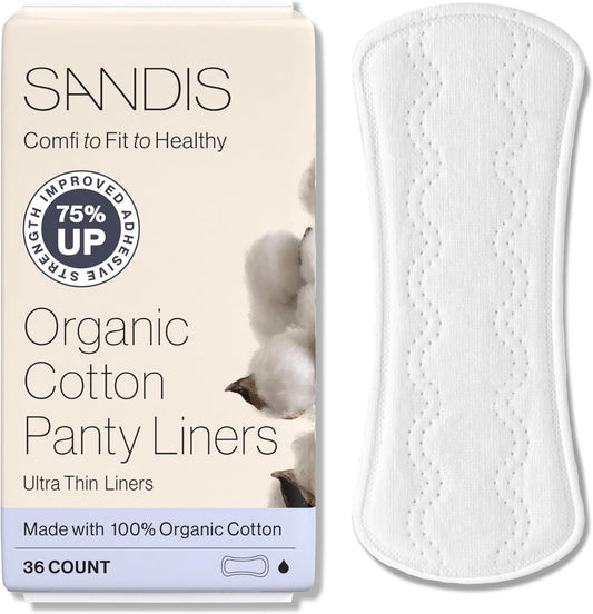 SANDIS Premium 100% Organic Panty Liners - Chemical Free Cotton Ultra Thin Liner for Women | Feminine Sanitary Napkins Unscented Everyday Use Leak Protection (Regular, 36 Count, Wrapped)