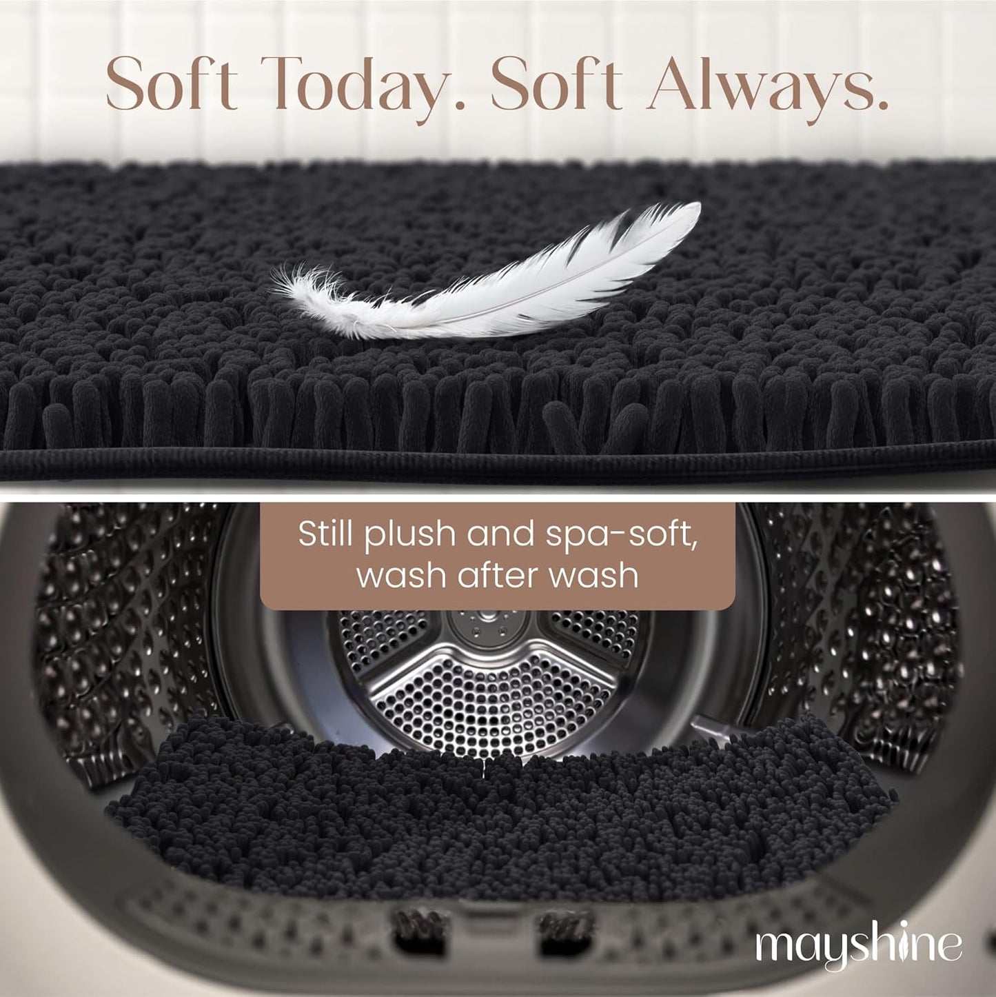 MAYSHINE Plush Shaggy Chenille Bath Mat | Extra Soft, Super Absorbent, Non-Slip Bathroom Rug | Fluffy Microfiber, Area Rug Sets for Bathroom Floor, Kitchen, Living Room | 39"x24" | Black