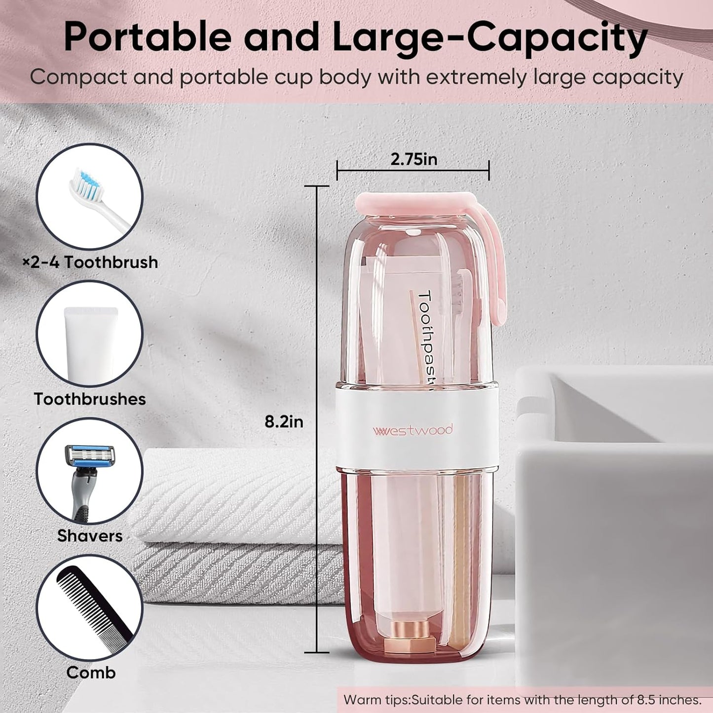Westwood Travel Toothbrush Case Travel Toothbrush Holder with Cup, Large Toothbrush Container for Toothbrush Toothpaste Razor, Portable Toothbrush Holder with Cover for Home Business School (Pink)