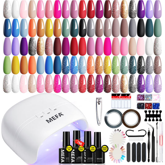 MEFA Gel Nail Polish Kit with U V Light, 32 Colors All Seasons Soak Off 60 Pcs Gel Polish Nail Set with Matte/Glossy Glitter Base Top Coat Manicure Tools Nails DIY Decorations Gifts for Women