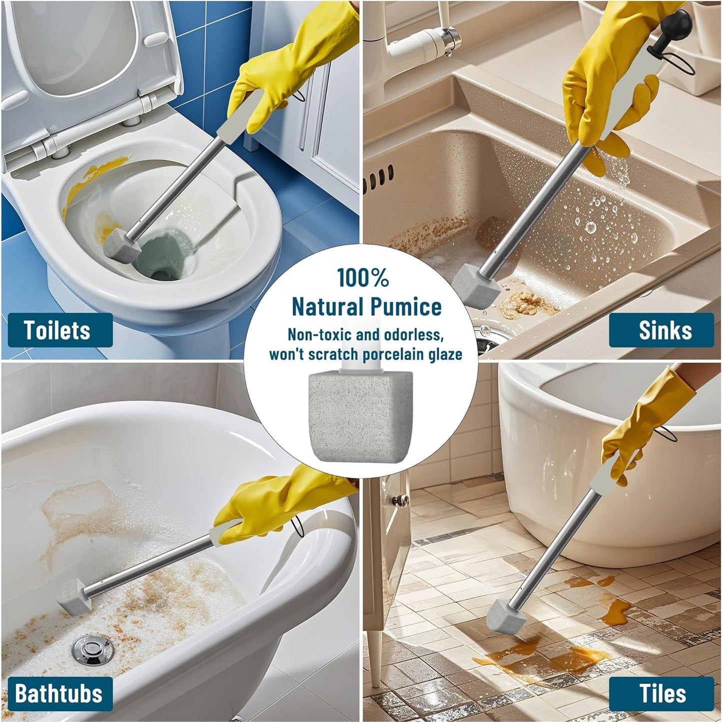 Pumice Stone Toilet Bowl Cleaner Toilet Deep Cleaning,Bathroom Cleaner Brush with Long Handle for Remove Hard Water Stains with Toilet Handle+ Pumice Stones (Grey)