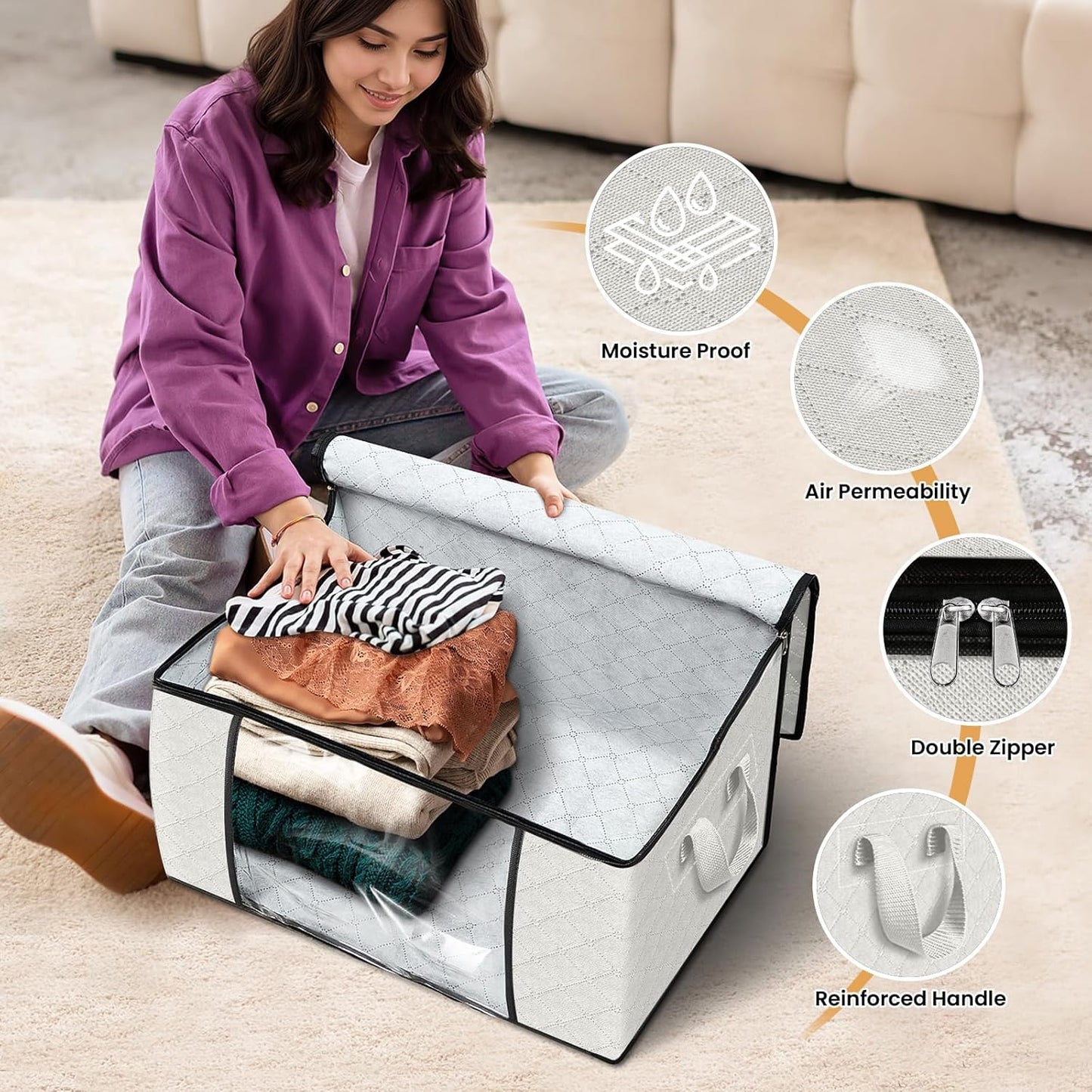 Fab totes 10 Pack Clothes Storage, Foldable Thick Fabric Blanket Storage Bags, Containers for Organizing Bedroom, Closet, Clothing, Comforter, Organization with Handle,Ivory White