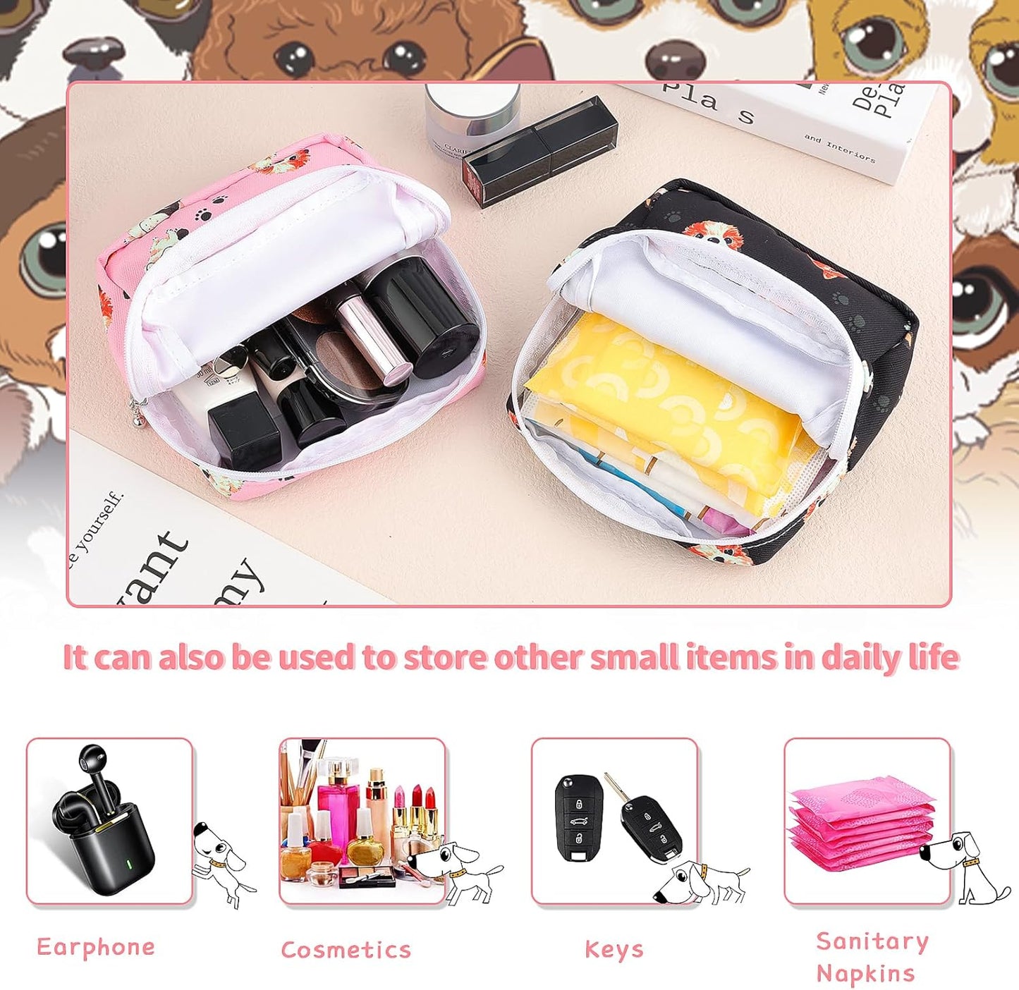 Period Bag Pouch, Canvas Sanitary Napkin Storage Bag for Girls Womens, Portable Sanitary Napkin Period Pad Pouch for Purse, Small Make Up Bags(N1230,2 Pack)