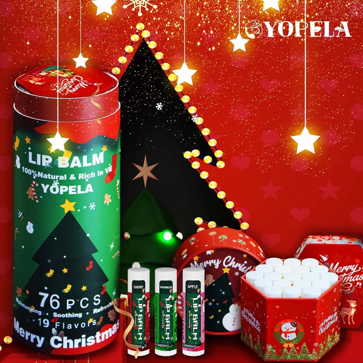 Yopela 76 Pack Christmas Natural Lip Balm Bulk with Vitamin E and Coconut Oil Lip Care Set - Moisturizing, Soothing, and Repairing Dry and Chapped Lips - 19 Flavors - Non-GMO