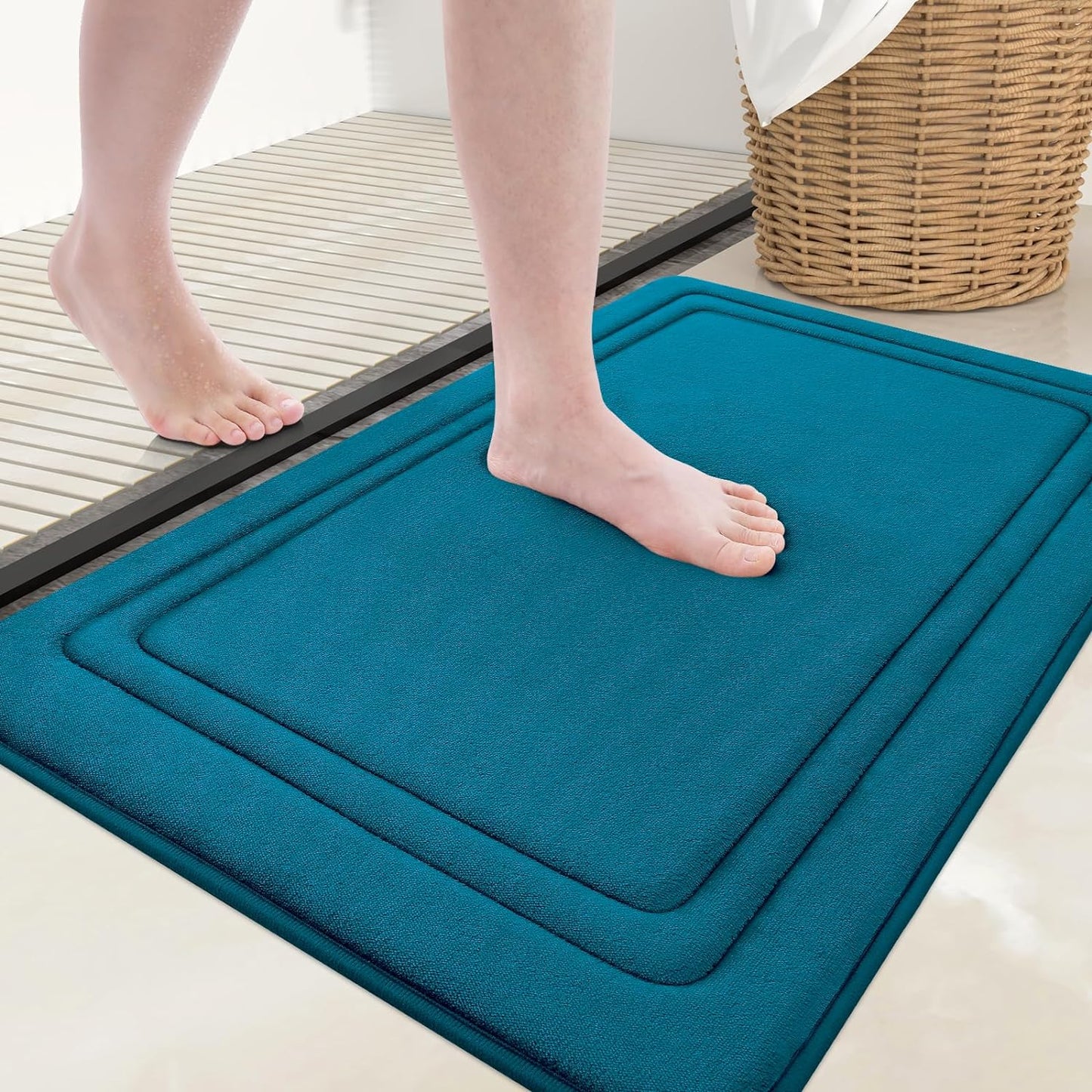Grandaily Memory Foam Bath Mat Rug 36x24, Ultra Soft, Non-Slip and Absorbent Bathroom Rugs, Machine Wash Dry, Comfortable Bath Carpet for Bathroom Floor, Tub and Shower, Peacock Blue