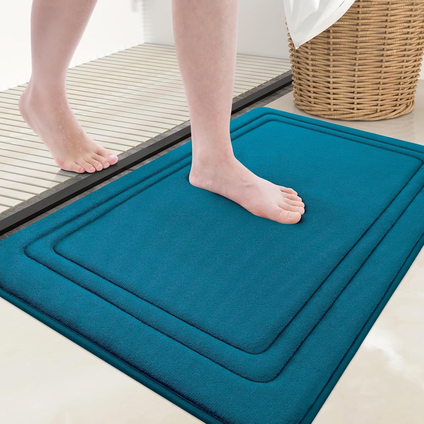 Grandaily Memory Foam Bath Mat Rug 30x20, Ultra Soft, Non-Slip and Absorbent Bathroom Rugs, Machine Wash Dry, Comfortable Bath Carpet for Bathroom Floor, Tub and Shower, Peacock Blue