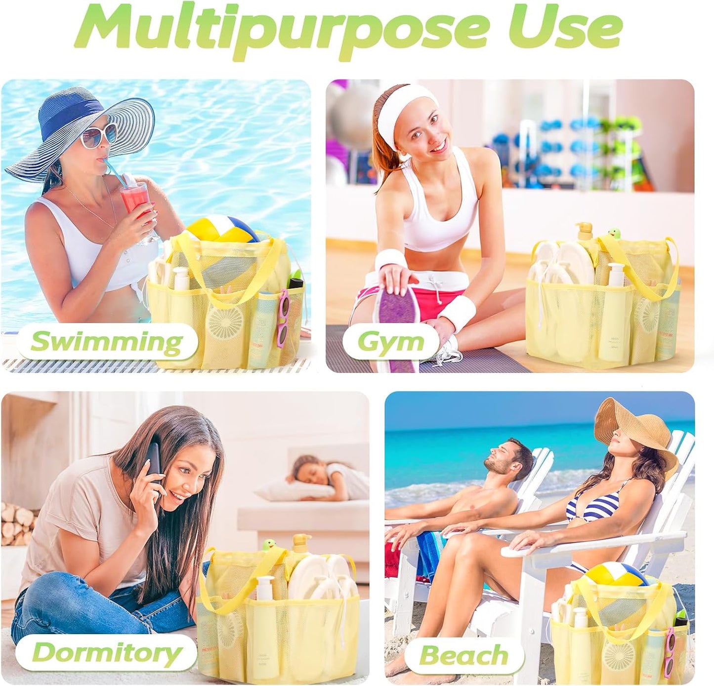 Mesh Shower Caddy Portable with Drawstring, Dorm Room Essentials for College Students Girls & Boys, Large Shower Bag for Camping,Swimming,Gym,Travel,Bathroom - Yellow