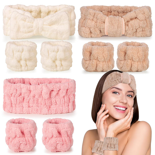 Spa Headband and Wristband Set - 3-Piece Skincare Headbands & 6-Piece Wrist Spa Wristbands for Women,Facial Hairbands for Washing Face, Makeup, Sports, Yoga, Headband for Washing Face