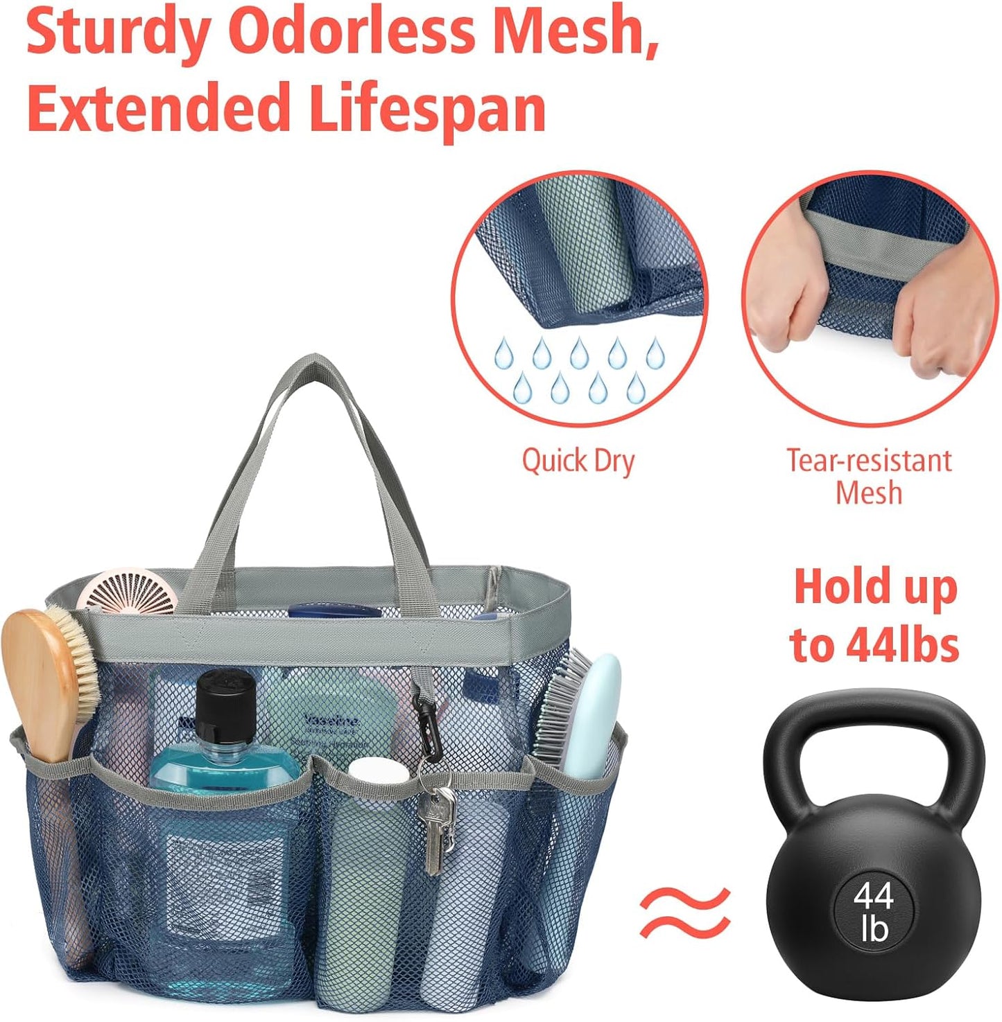 F-color Mesh Shower Caddy Portable - Navy Blue, Upgrade Deeper 7 Pockets Shower Bag Basket Tote for College Dorm Room Toiletry Bathroom Essentials Gym Camp Quick Dry 2 handles with S Hook