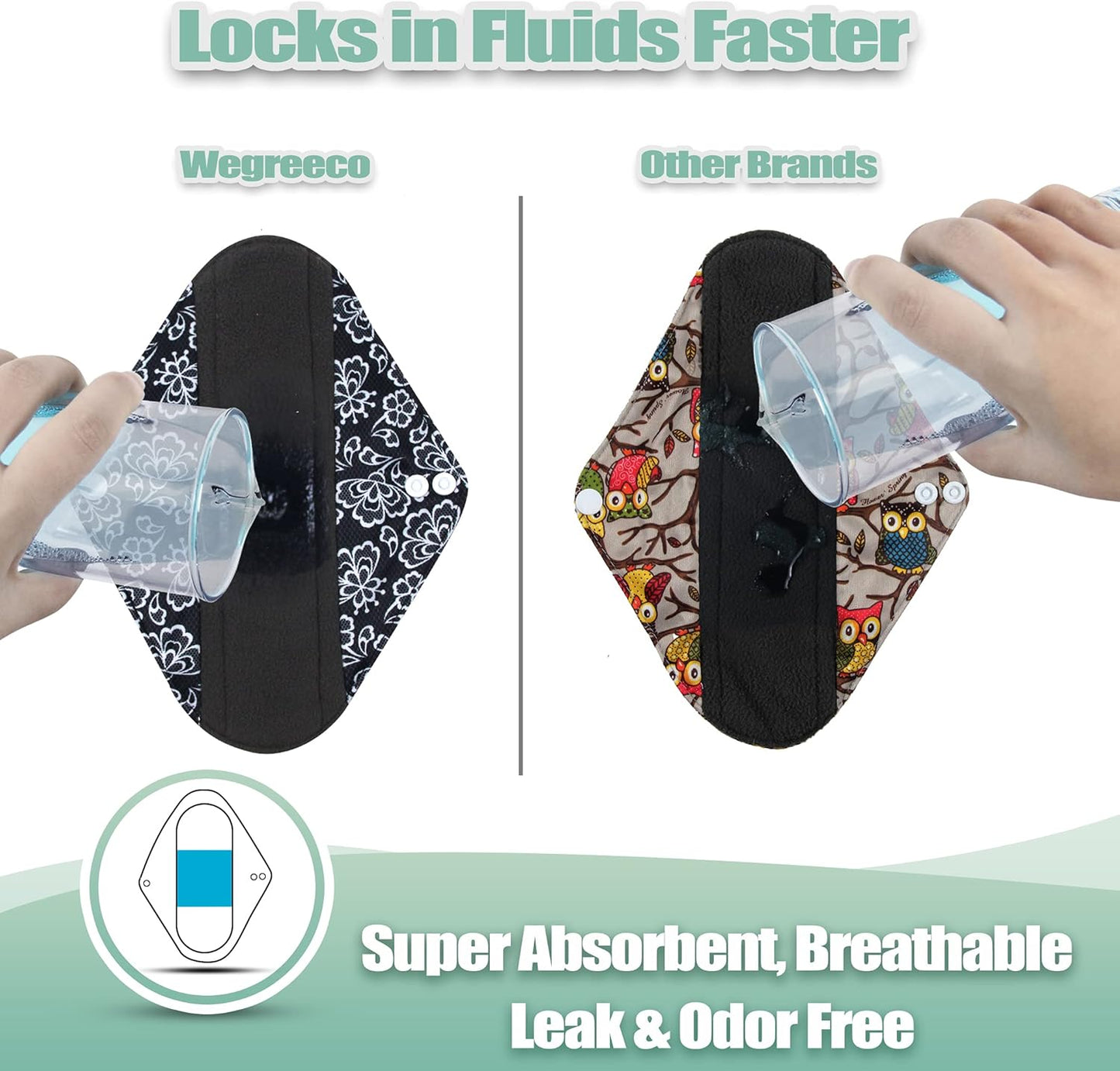 Wegreeco Reusable Menstrual Pads - Soft Cloth Sanitary Pads | Panty Liners - 6 Pack with 1 Cloth Wet Bag (Black, Grey Lace, Large)