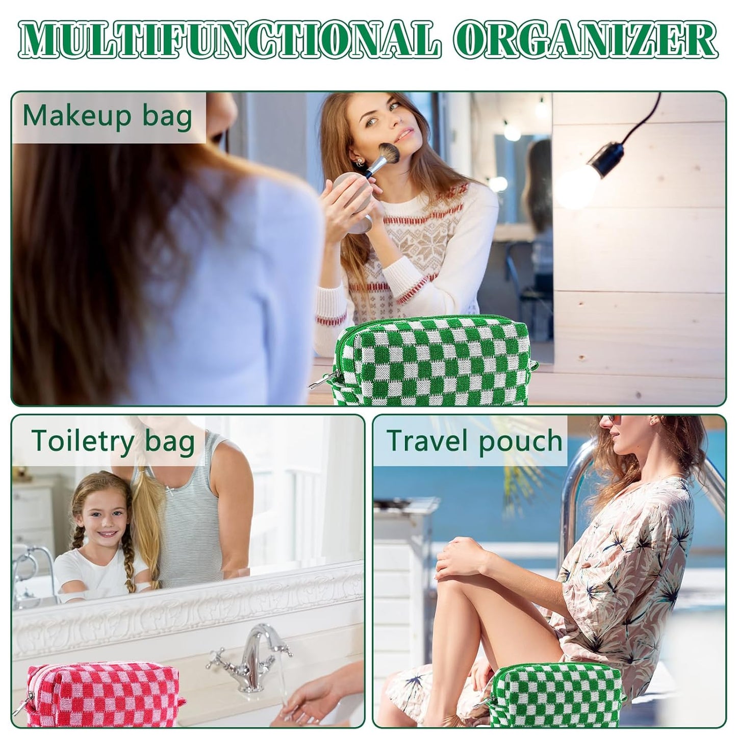 ZLFSRQ 2Pcs Checkered Pencil Case Cute Pencil Pouch for Teens Checkered Makeup Bag Medium Travel Cosmetic Bag Preppy Makeup Pouch for Purse Aesthetic Zipper Toiletry Bags Organizer(Pink/Green)