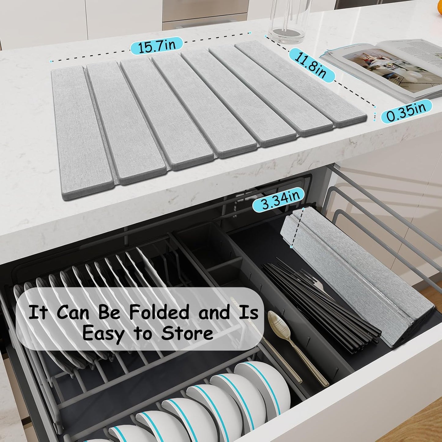 Stone Dish Drying Mat For Kitchen & Bathroom - Diatomaceous Earth, Quick Dry, Collapsible, Non - Slip Pvc, Rounded Corners, 15.7 X 11.8 IN, Absorbent, Natural Material For Dishes, Cups & More