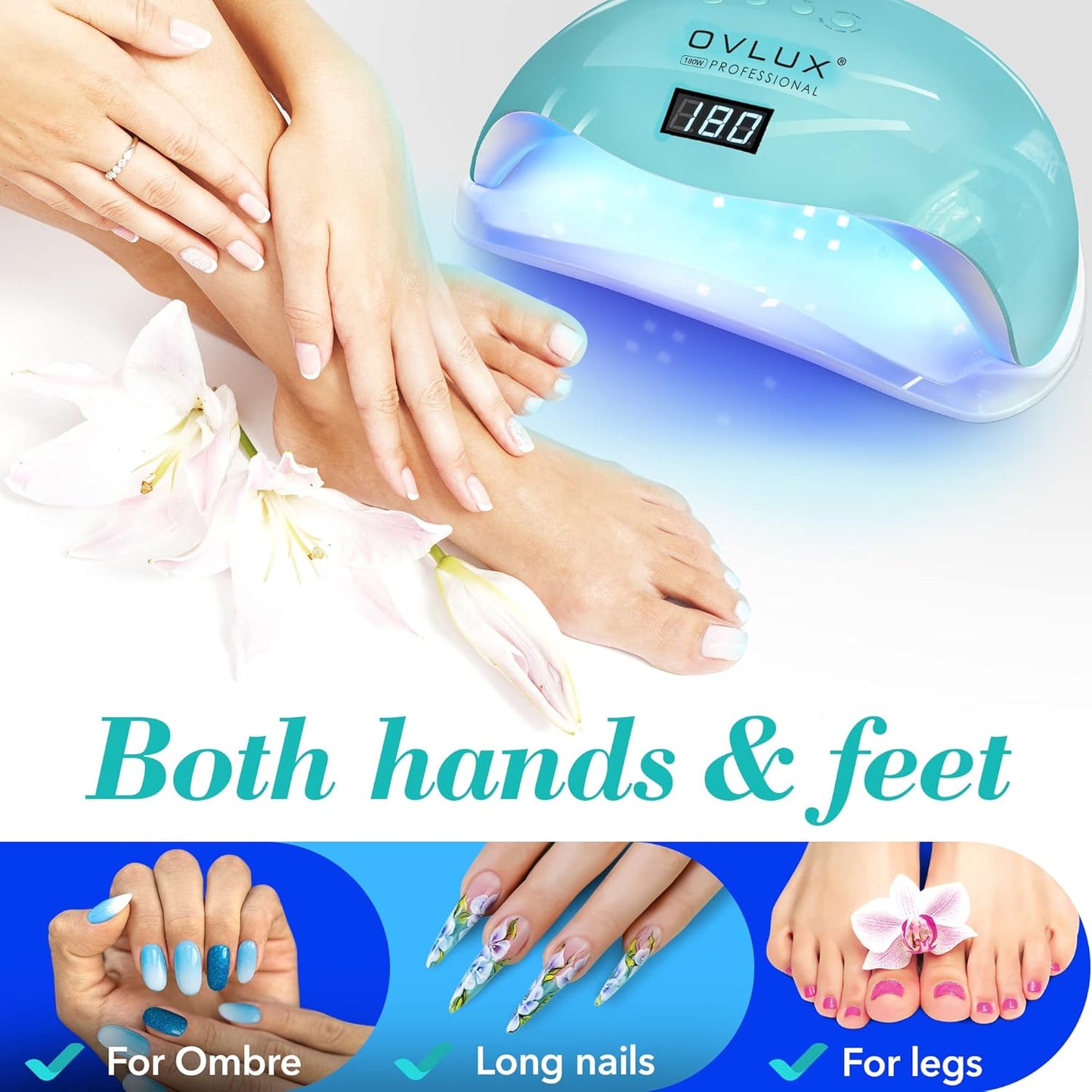 OVLUX 180W UV LED Nail Lamp - Professional Fast Nail Dryer for Gel Polish with 57 LEDs, Auto Sensor, LCD Display, 4 Timer Settings, Cures Fingernails & Toenails, for All Gel Types - Color Tiffany