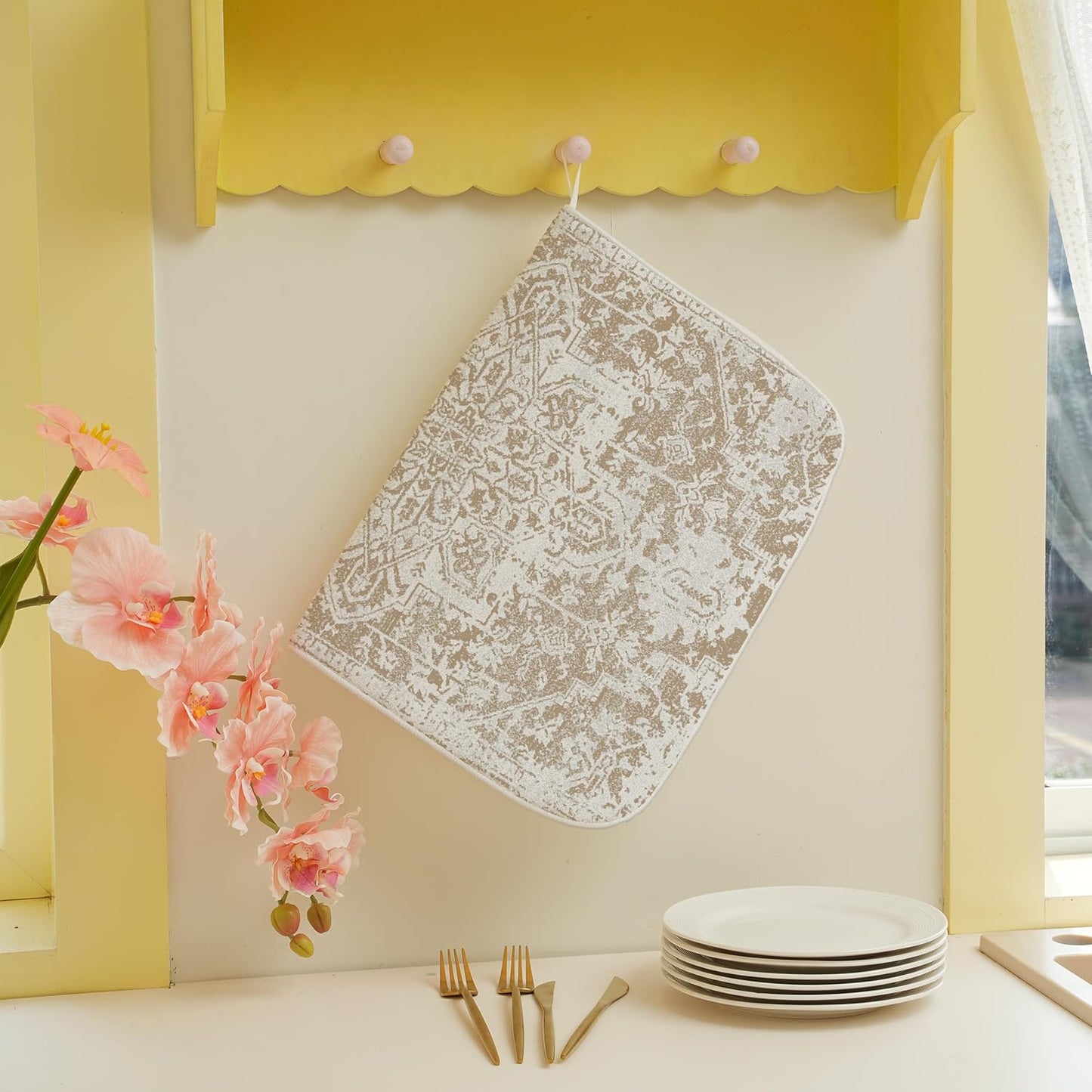 Brown Dish Drying Mat for Kitchen Counter, 18x24 Inch Coffe Boho Style Absorbent Dish Drying Pad Heat Resistant Mat Coffee Bar Mat Dish Drainer Rack Mat