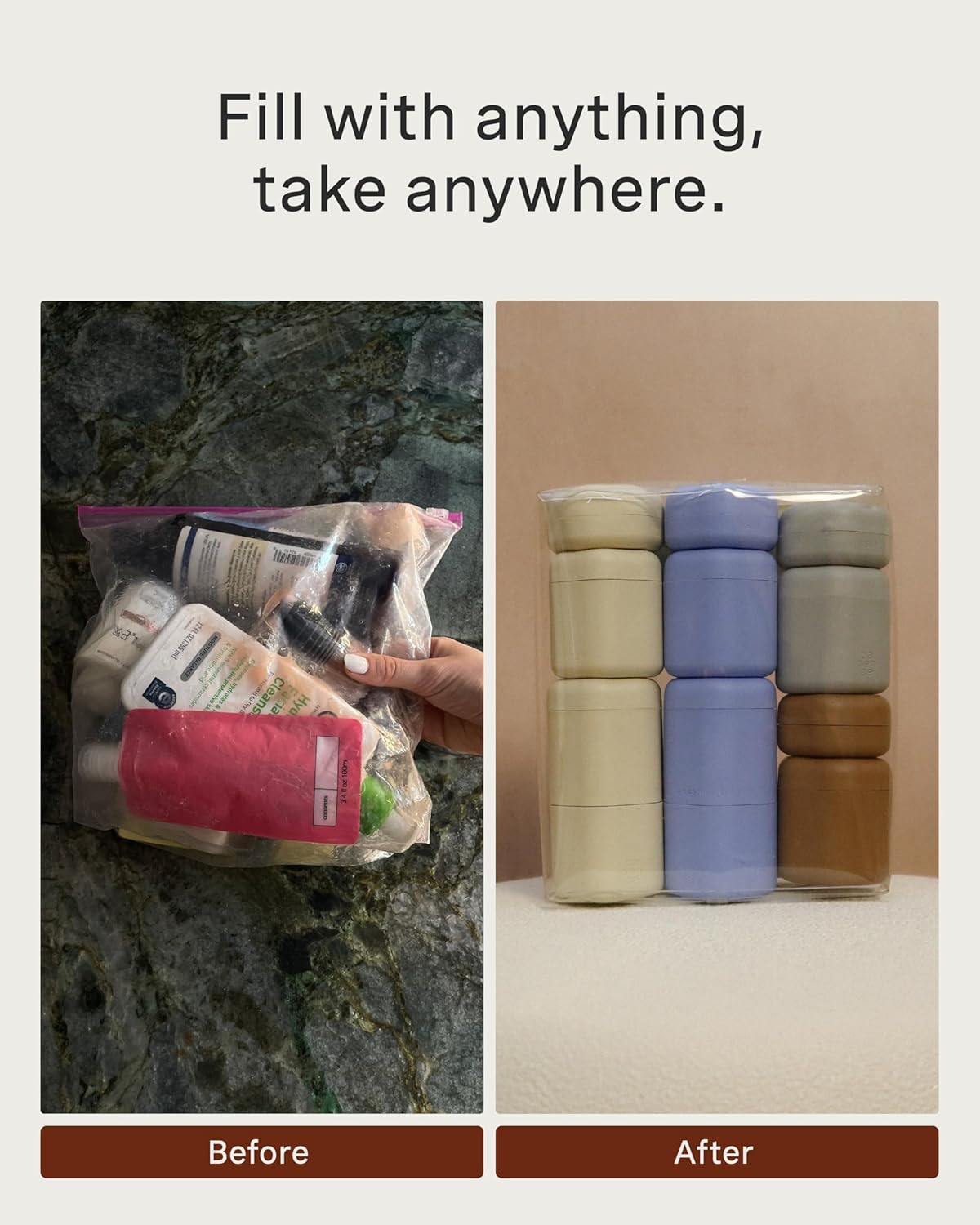 Cadence Travel Containers Basic Skincare Set - Magnetic Containers with Lids,Carry On Travel Essentials For Women/Men - 3 Small Capsules (0.56oz) - Cleanser, Moisturizer & Sun-Icon Labels - Sand