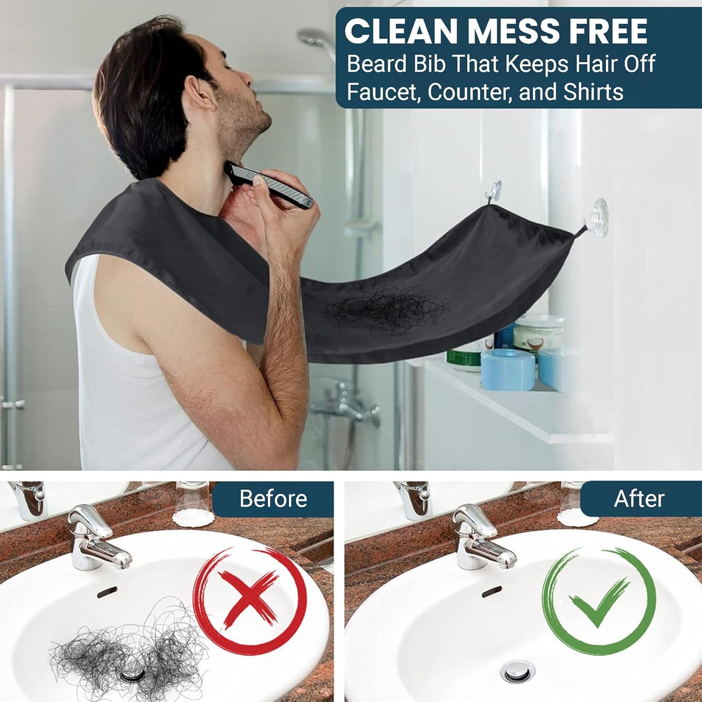 Beard Shaving Bib Apron Mens Beard Hair Catcher for Shaving and Trimming, Non-Stick Beard Shave Cape, Grooming Accessories Tools & Gifts for Husband or Dad (Black)