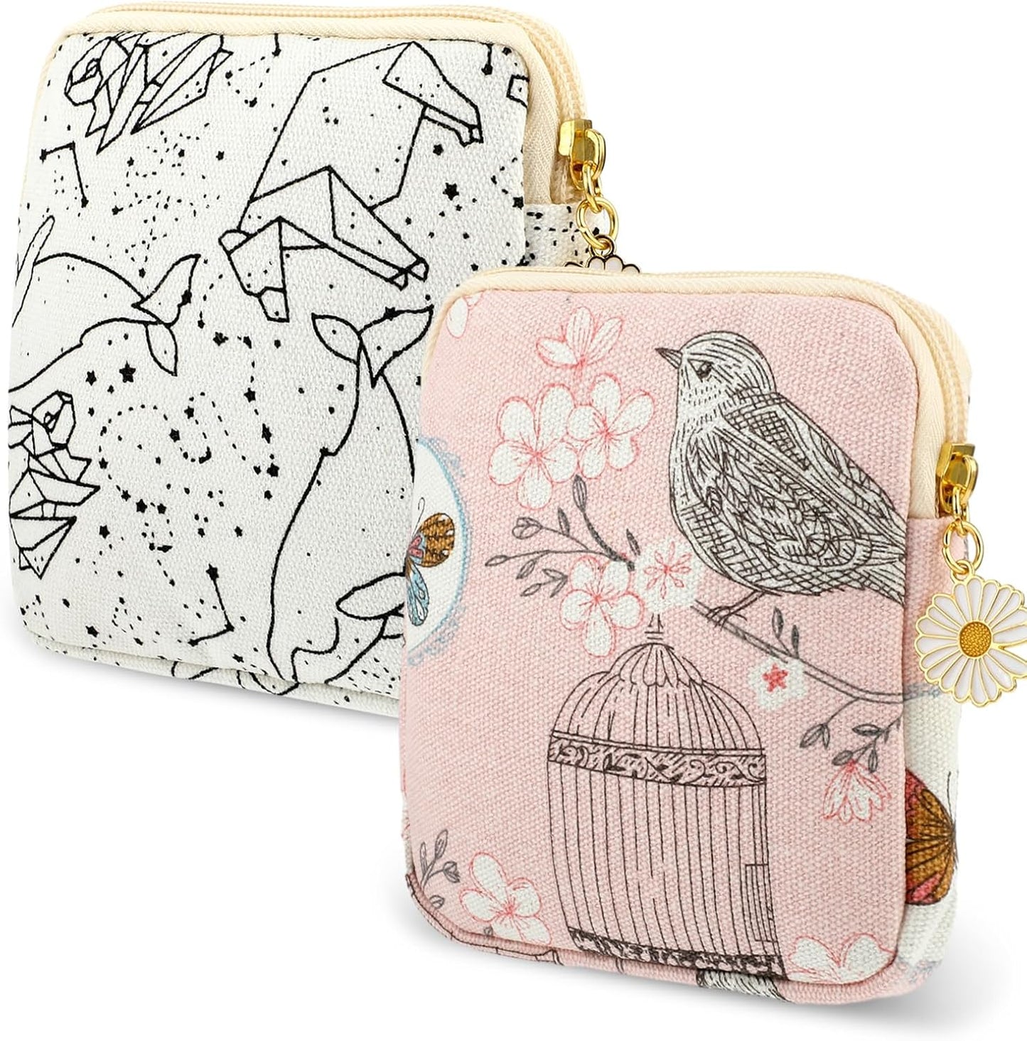 cobee 2PCS Sanitary Pad Storage Bag, Cute Sanitary Napkin Storage Purses Portable Period Bag with Daisy Zipper Panty Liner Tampon Menstrual Cup Nursing Pad Holder Pouch for Girls Women Travel(Bird)