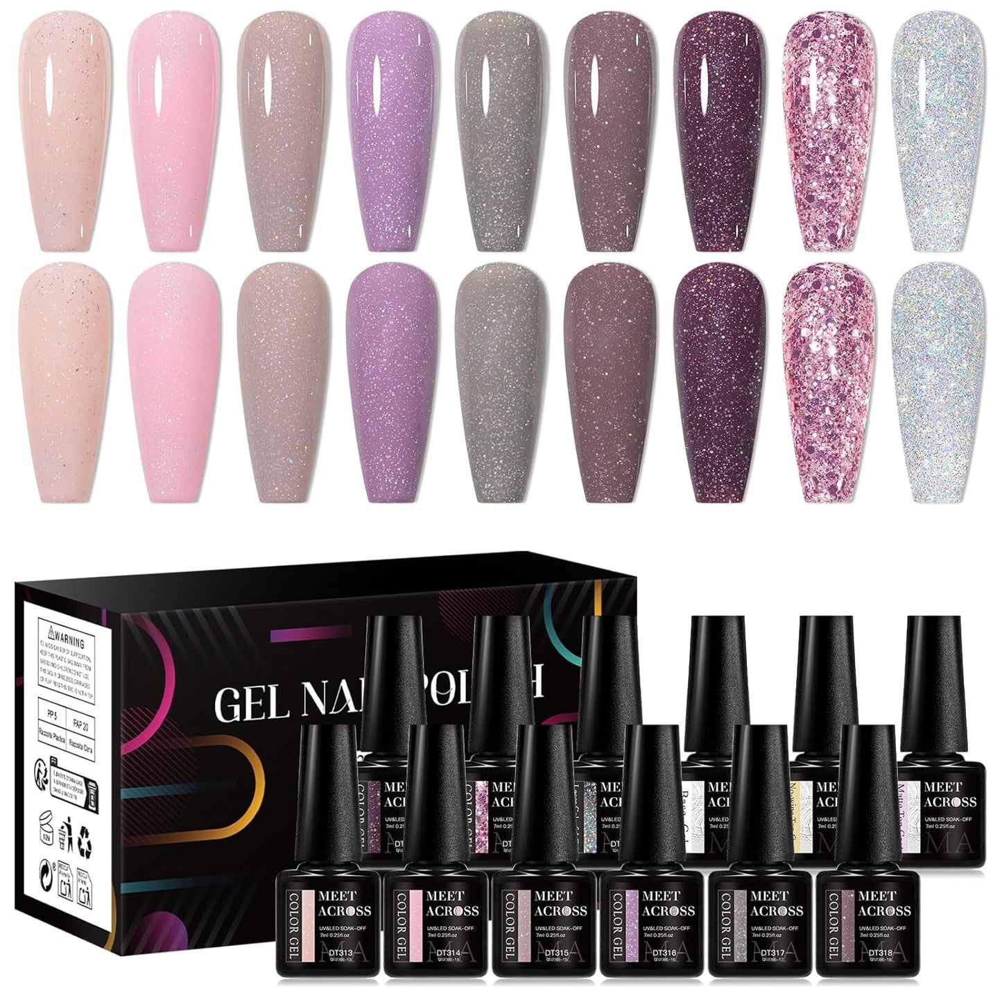 MEET ACROSS 9 Colors Gel Nail Polish + 3PCS Function Gel Nail Polish Kit,Fashion Nail Art Set Design Gifts for Women Manicure Salon (SET9, 12pcs)
