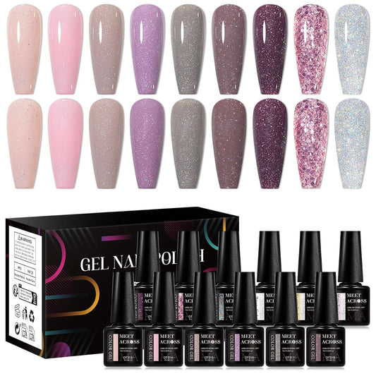 MEET ACROSS 9 Colors Gel Nail Polish + 3PCS Function Gel Nail Polish Kit,Fashion Nail Art Set Design Gifts for Women Manicure Salon (SET9, 12pcs)